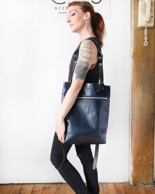 Convertible Backpack: Navy Leather (Chrome Hardware)