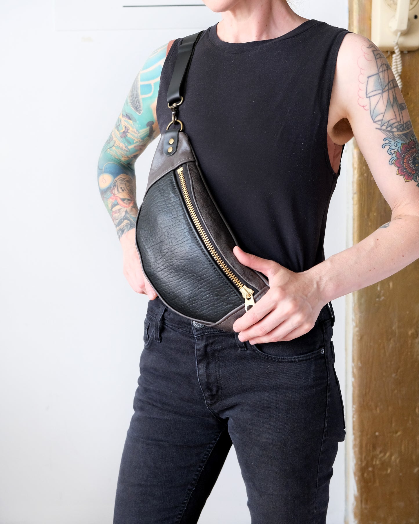 Mini Tabitha: Shrunken Lamb and Gunmetal Leather (Brass Hardware)