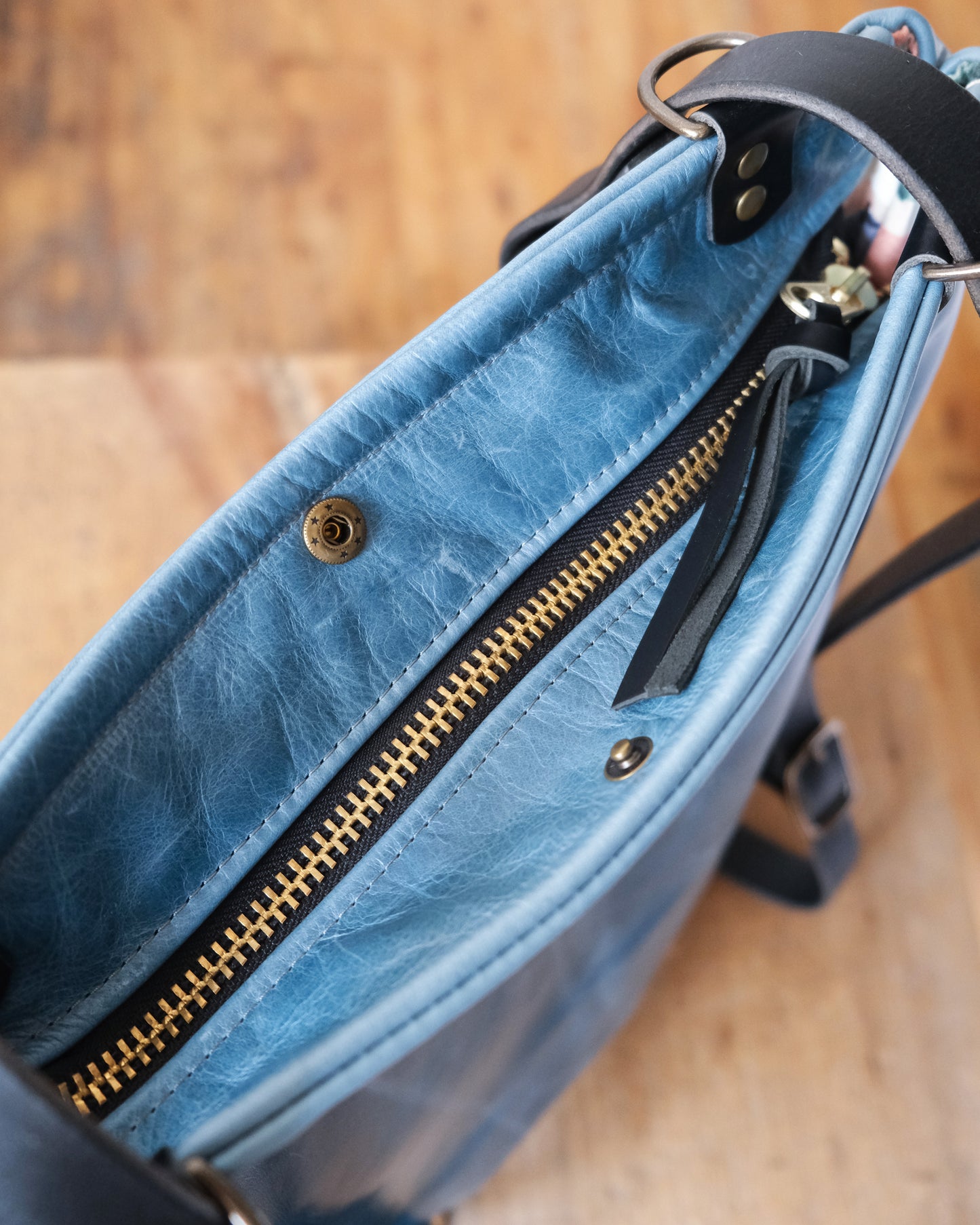 Zip-Top Convertible Backpack: Bright Blue Leather (Brass Hardware)
