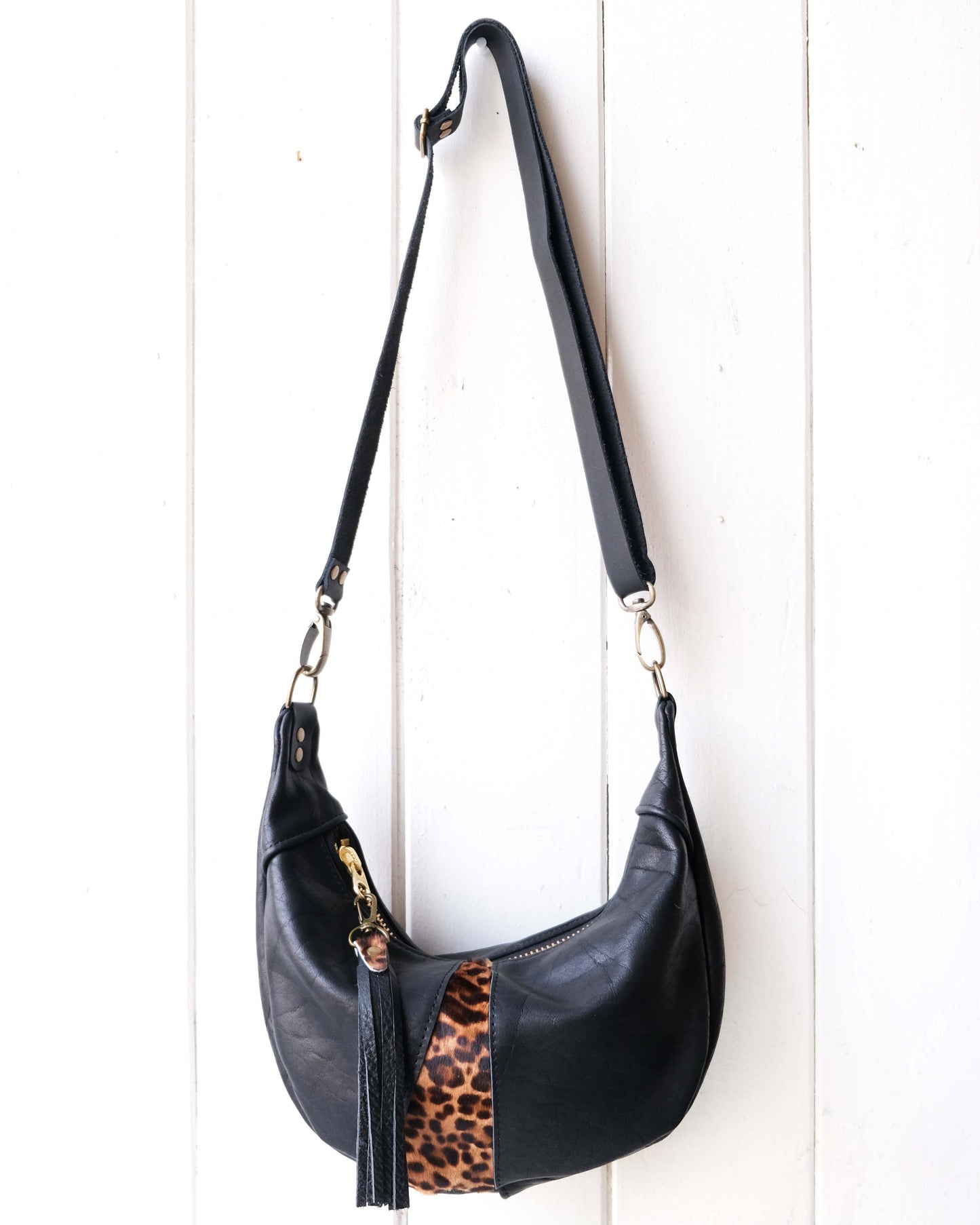 Mini Juno Bag: Black Leather and Leopard