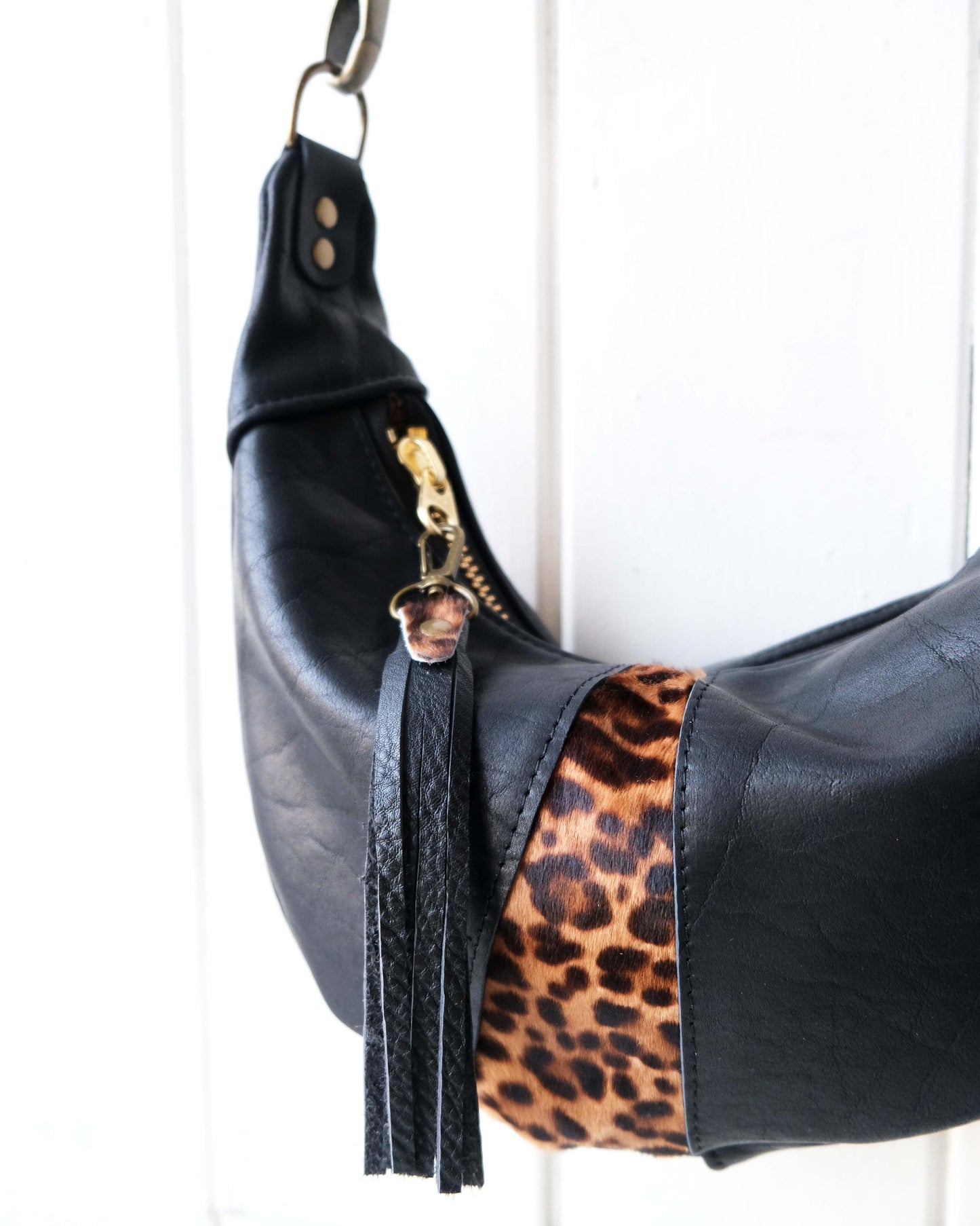 Mini Juno Bag: Black Leather and Leopard