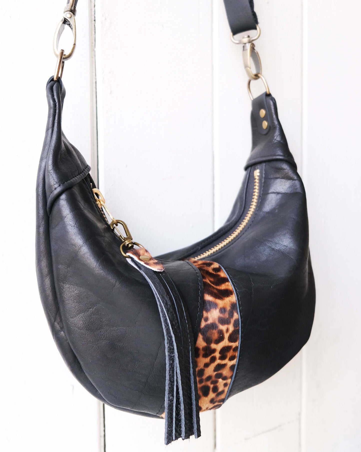 Mini Juno Bag: Black Leather and Leopard