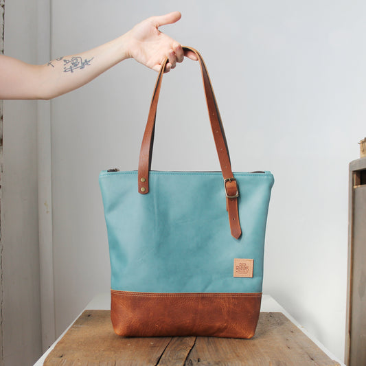 Teal/Cognac Leather Tote