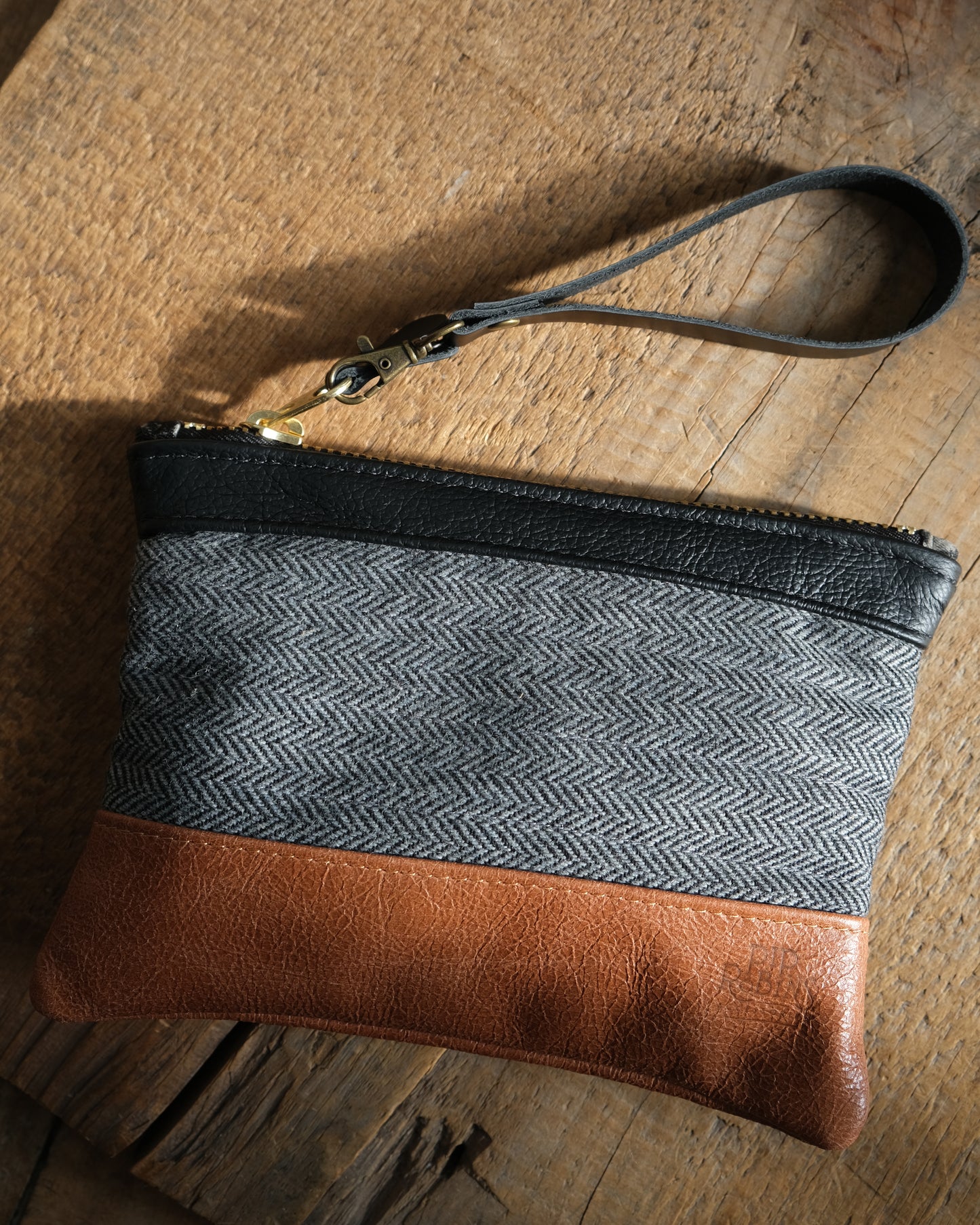 Tweed and Cognac Wristlet