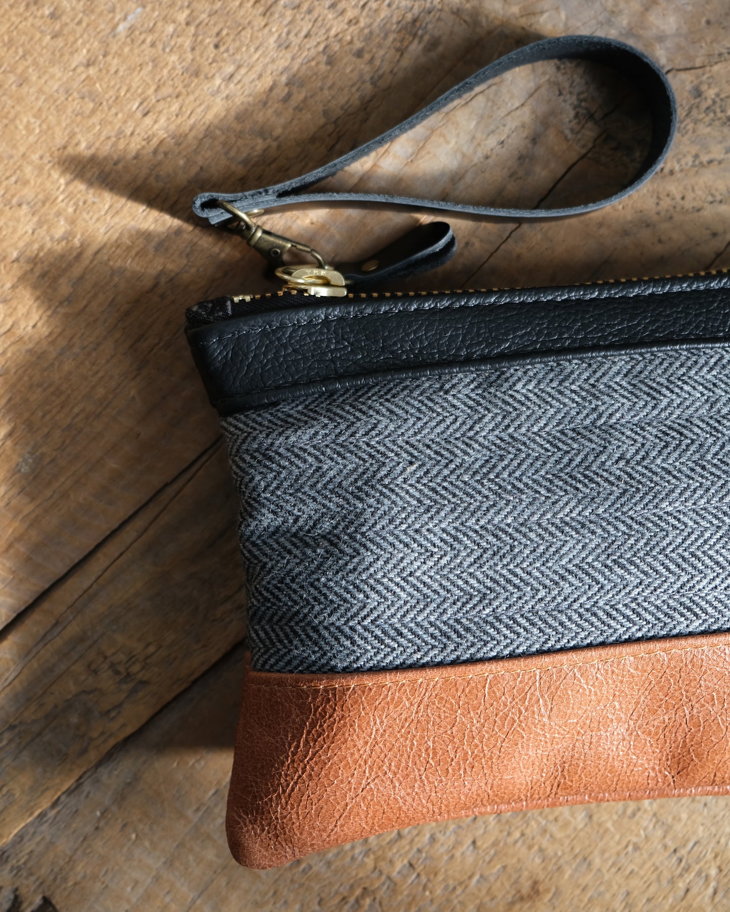 Tweed and Cognac Wristlet