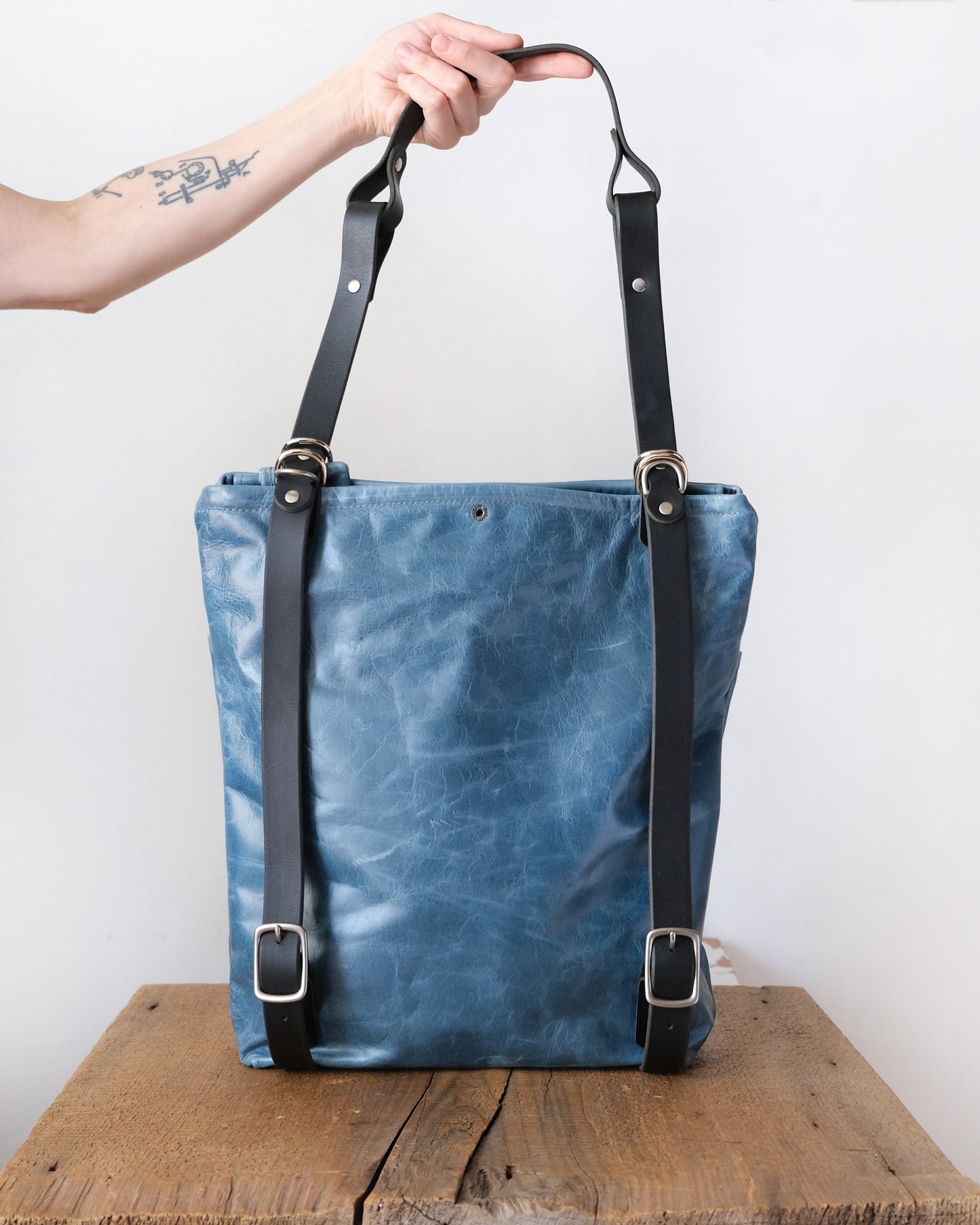 Zip-Top Convertible Backpack: Bright Blue Leather (Chrome Hardware)