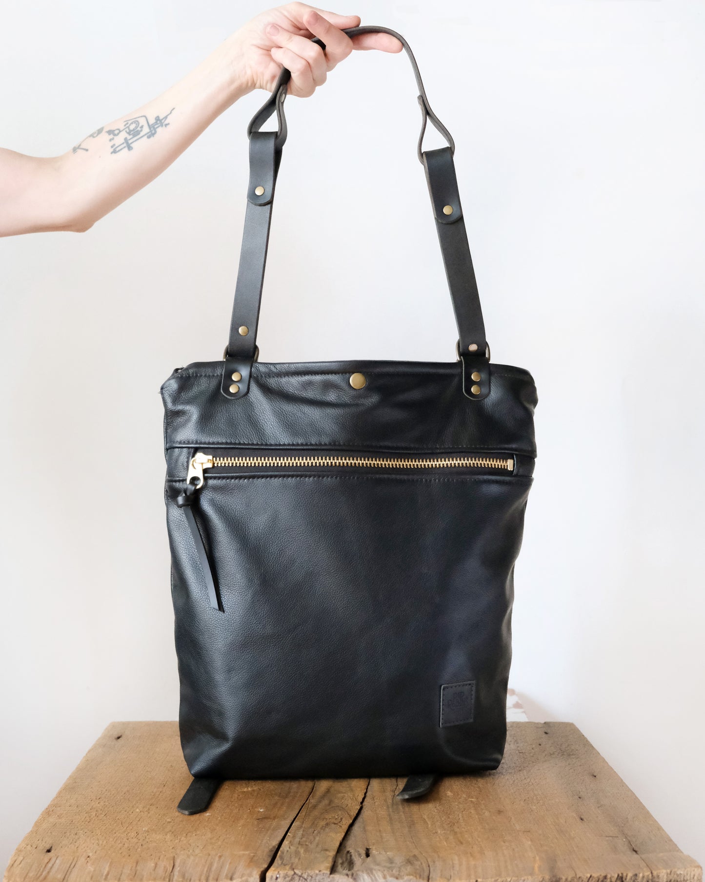 Zip-Top Convertible Backpack: Black Leather (Brass Hardware)