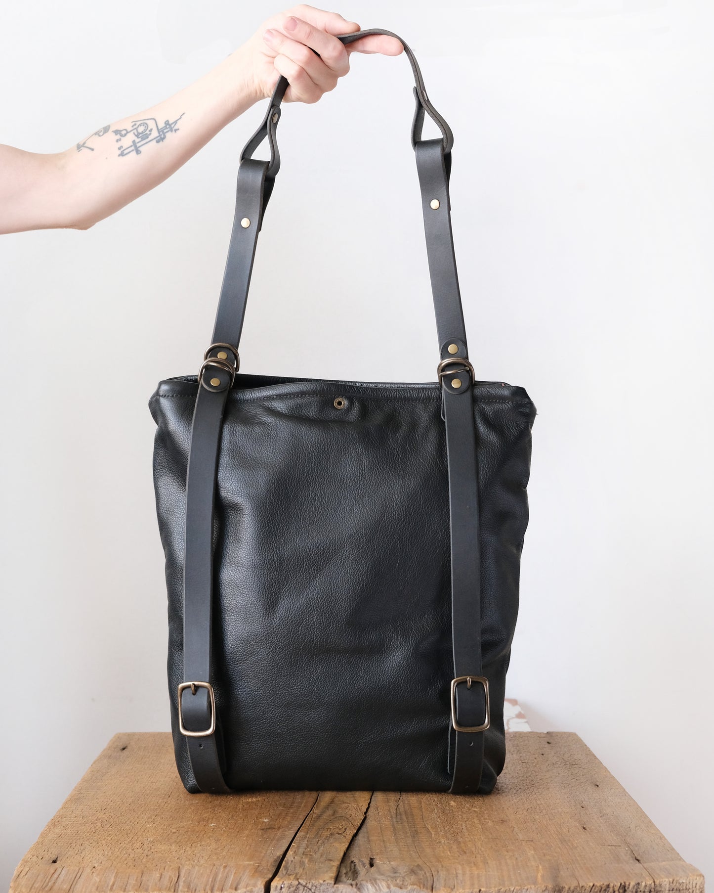 Zip-Top Convertible Backpack: Black Leather (Brass Hardware)