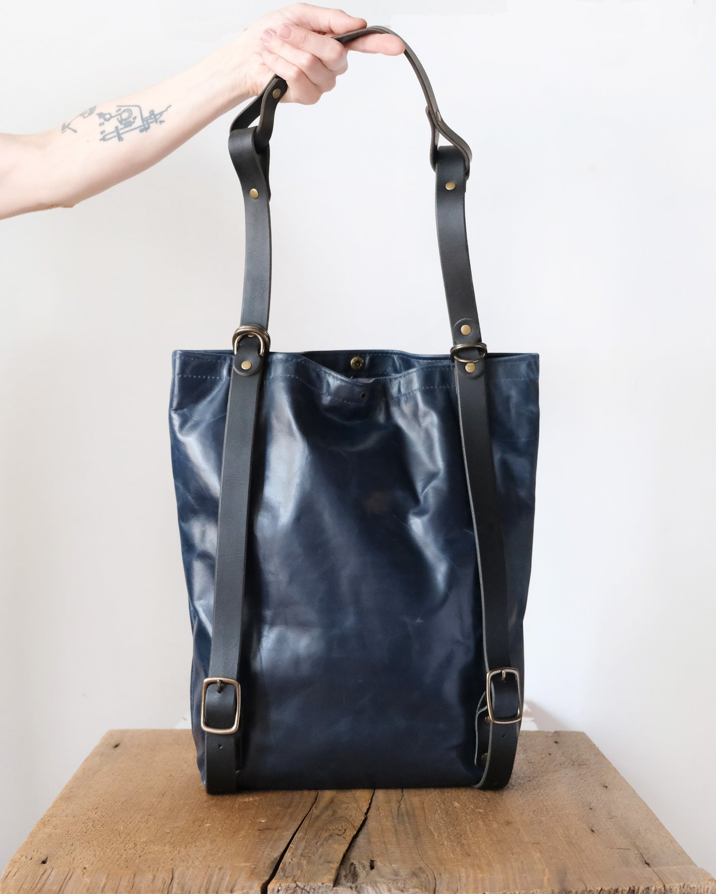 Convertible Backpack: Navy Leather (Chrome Hardware)