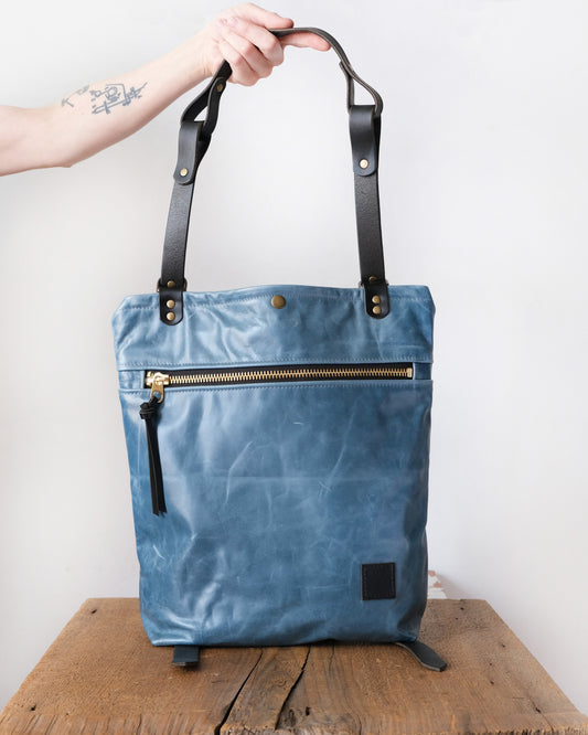 Zip-Top Convertible Backpack: Bright Blue Leather (Brass Hardware)