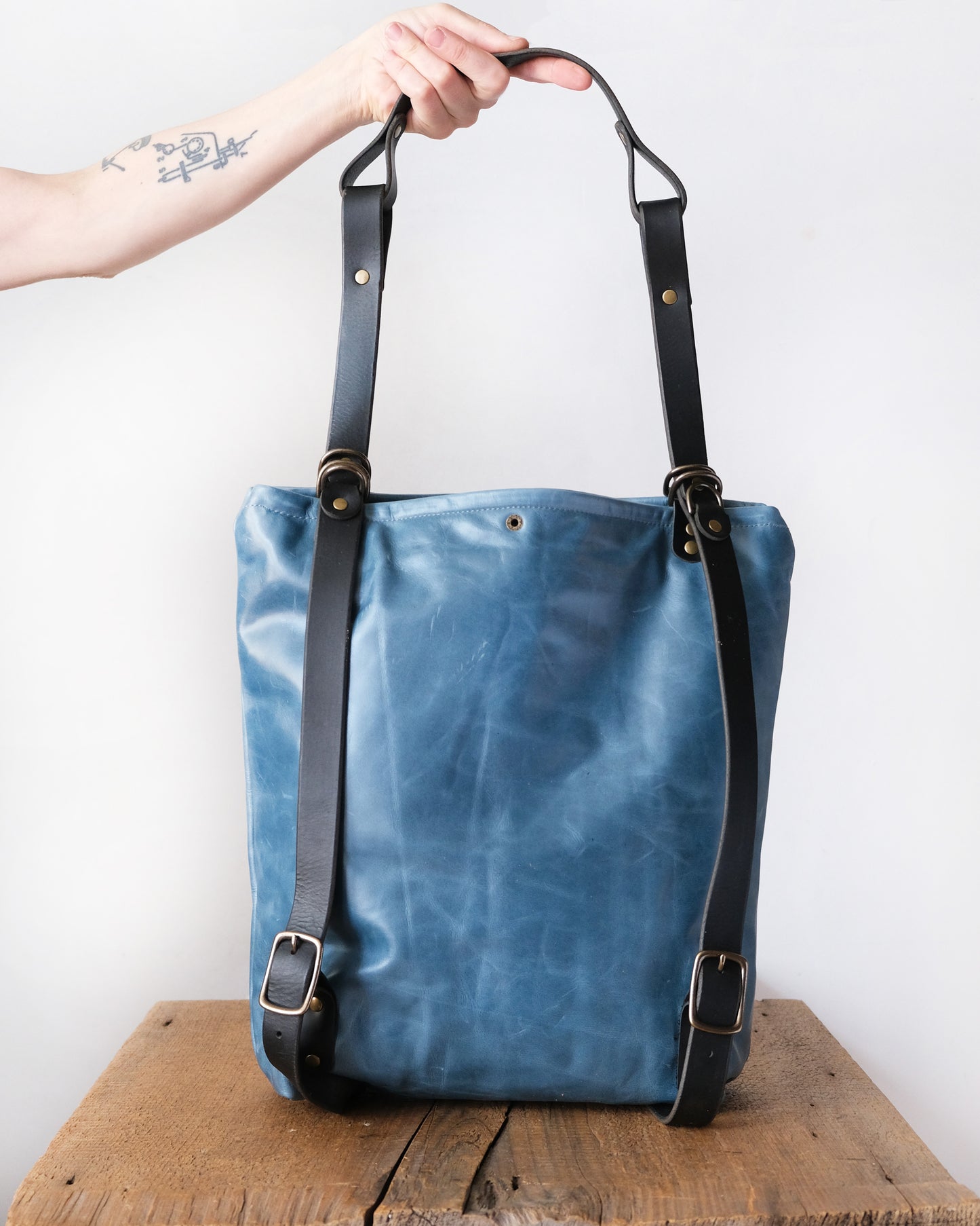 Zip-Top Convertible Backpack: Bright Blue Leather (Brass Hardware)
