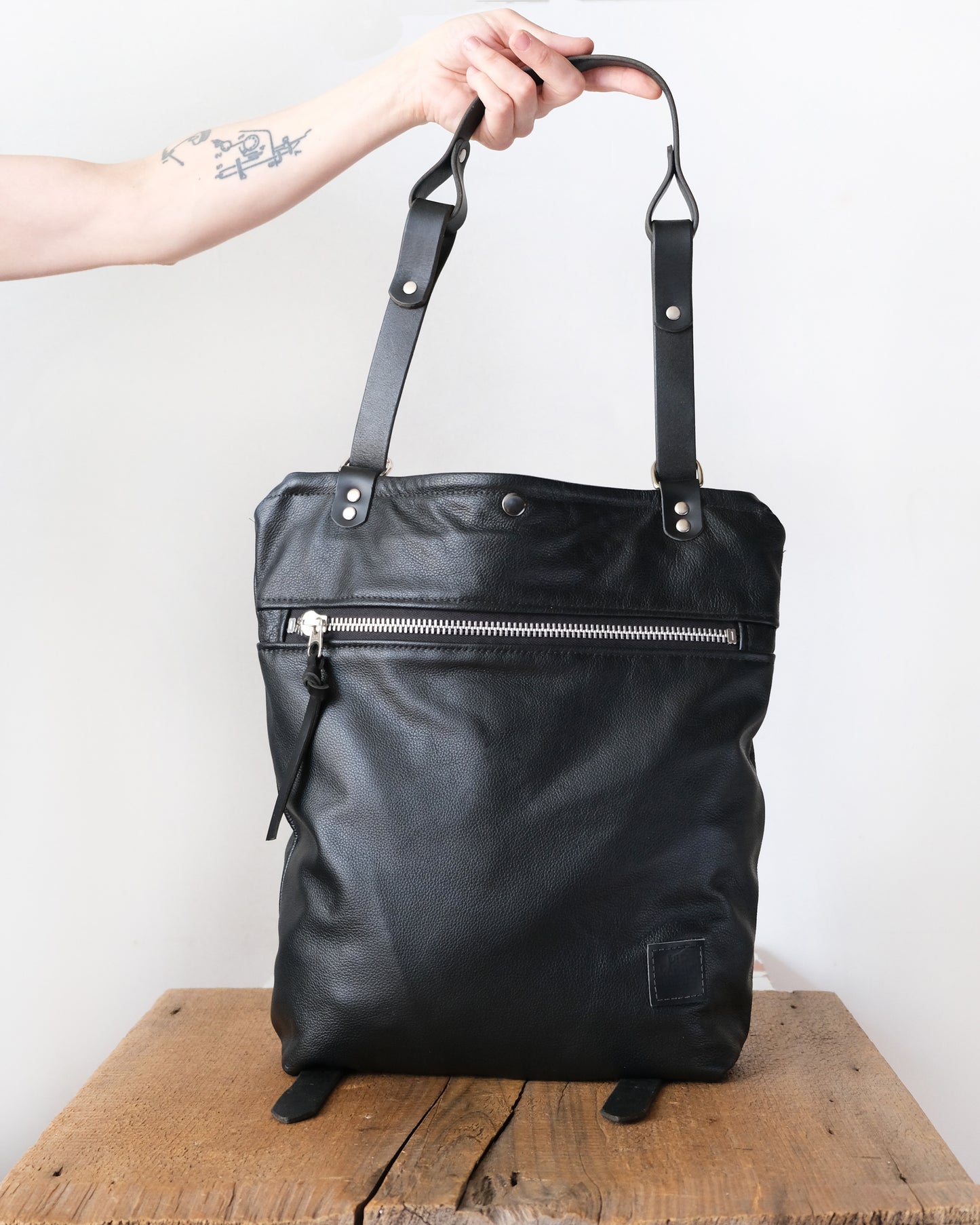 Zip-Top Convertible Backpack: Black Leather (Chrome Hardware)