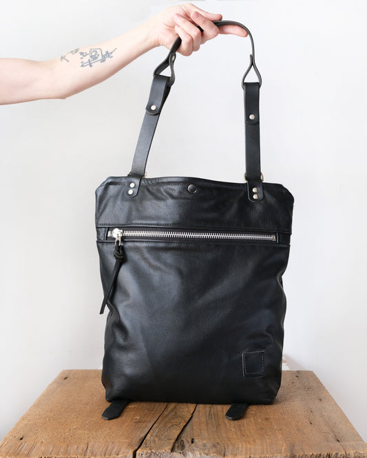 Zip-Top Convertible Backpack: Black Leather (Chrome Hardware)