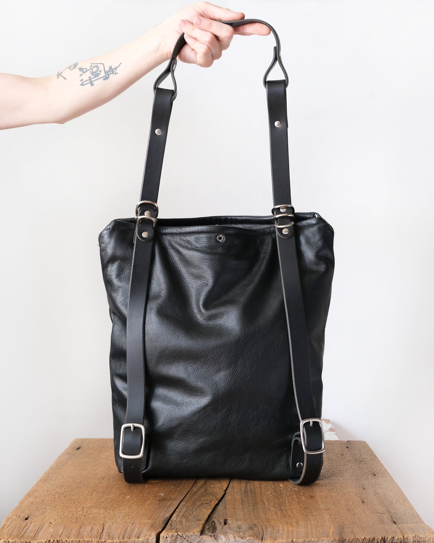 Zip-Top Convertible Backpack: Black Leather (Chrome Hardware)