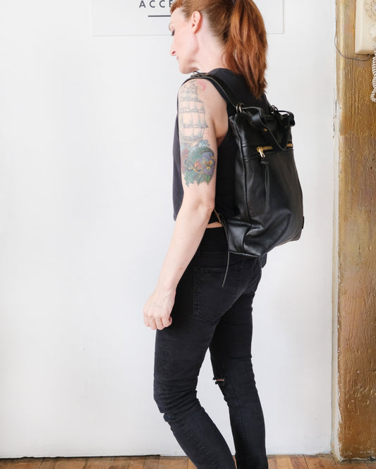 Zip-Top Convertible Backpack: Black Leather (Chrome Hardware)