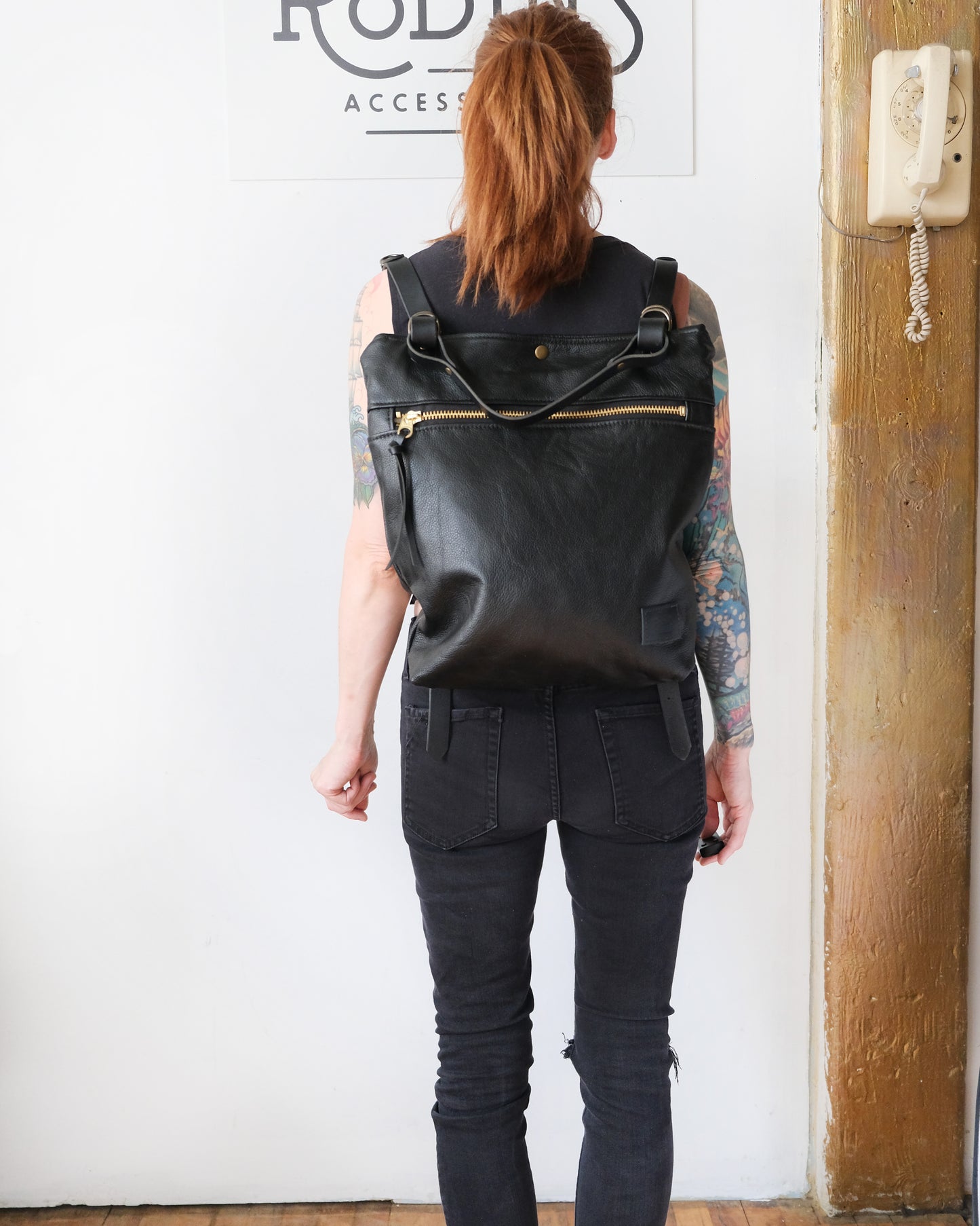 Zip-Top Convertible Backpack: Black Leather (Chrome Hardware)
