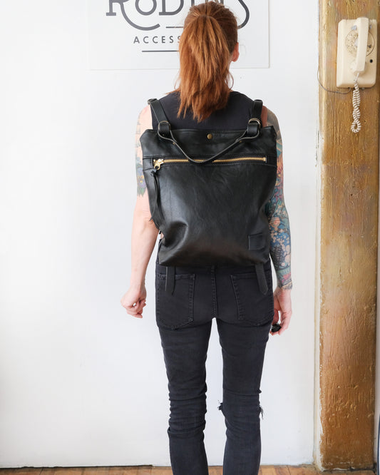 Zip-Top Convertible Backpack: Black Leather (Brass Hardware)