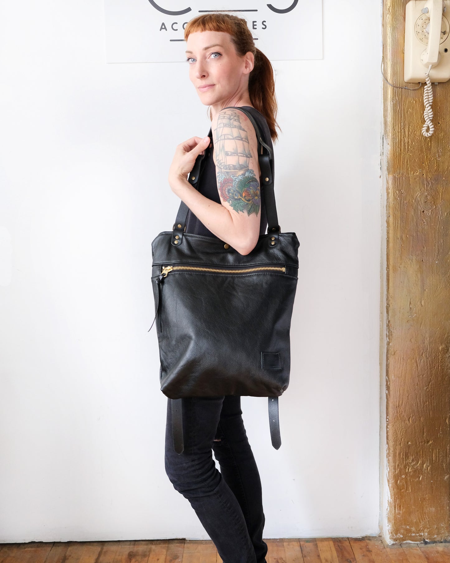 Zip-Top Convertible Backpack: Black Leather (Chrome Hardware)