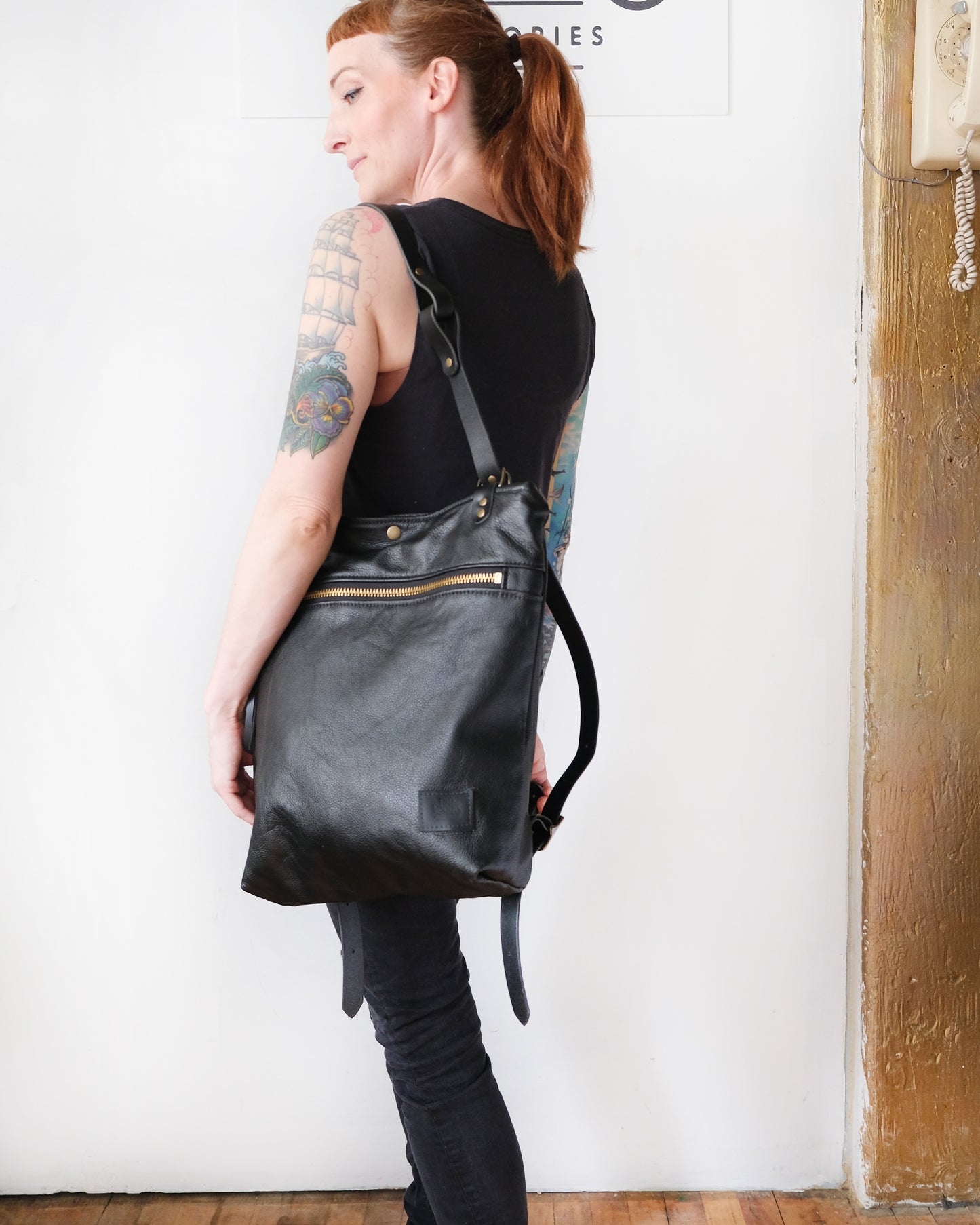 Zip-Top Convertible Backpack: Black Leather (Chrome Hardware)