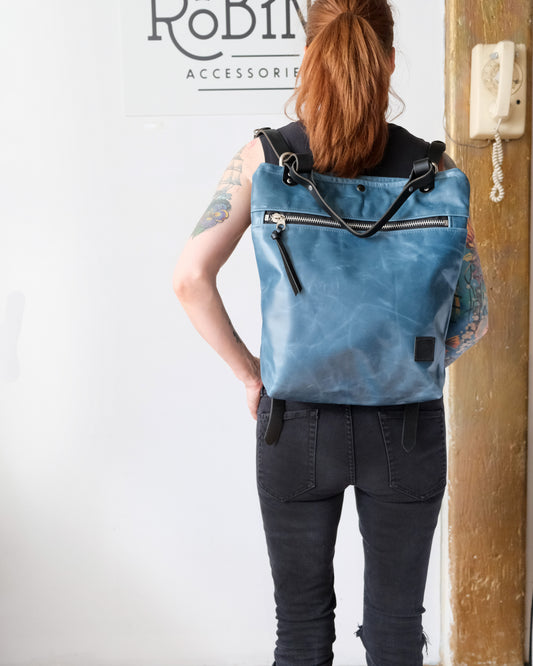 Zip-Top Convertible Backpack: Bright Blue Leather (Brass Hardware)