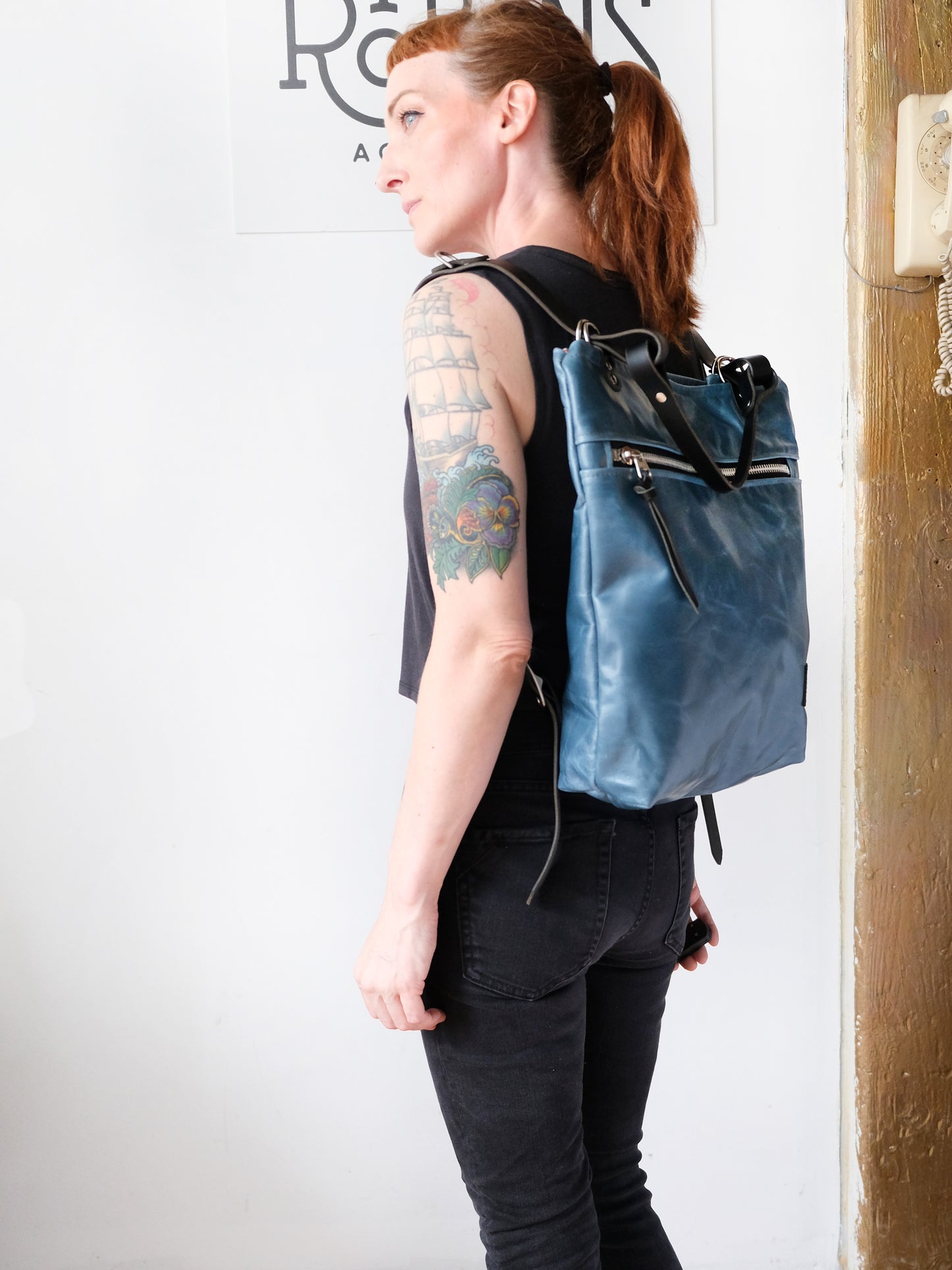 Zip-Top Convertible Backpack: Bright Blue Leather (Chrome Hardware)