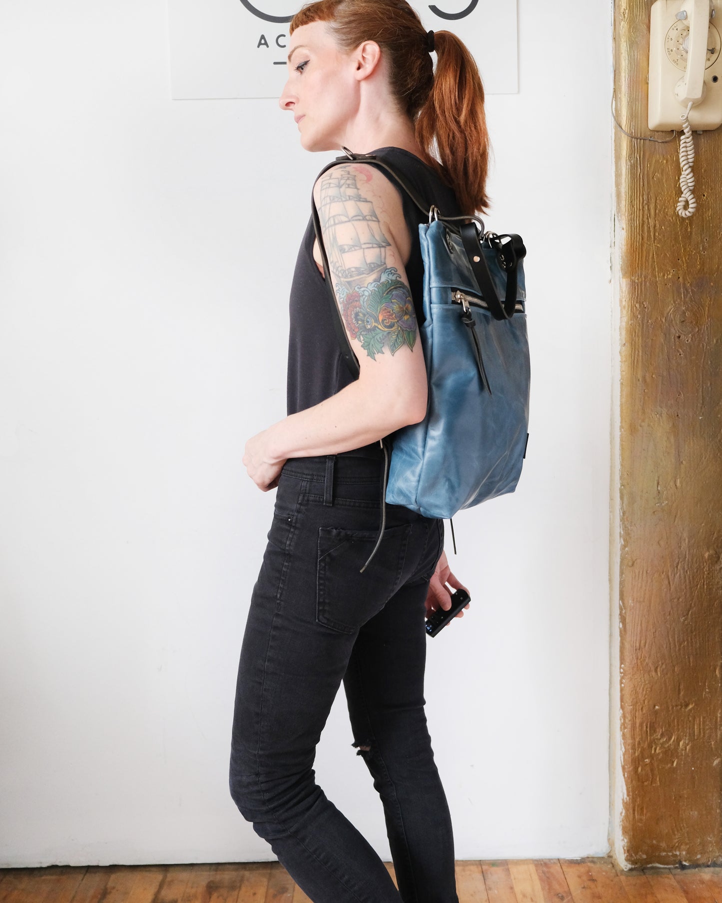 Zip-Top Convertible Backpack: Bright Blue Leather (Chrome Hardware)