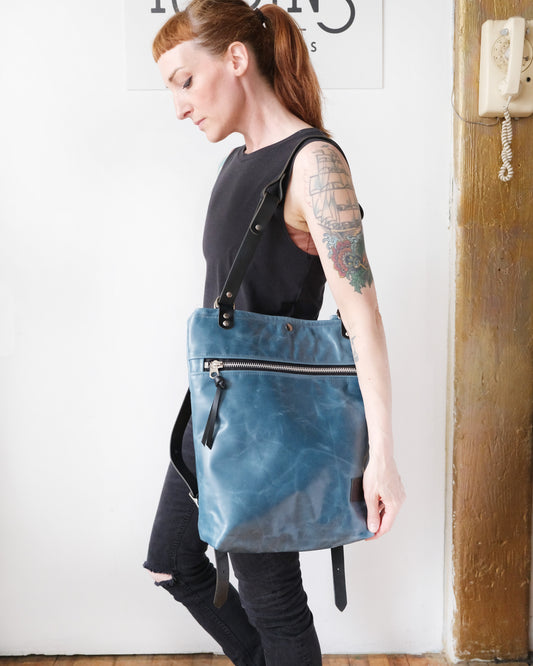 Zip-Top Convertible Backpack: Bright Blue Leather (Chrome Hardware)