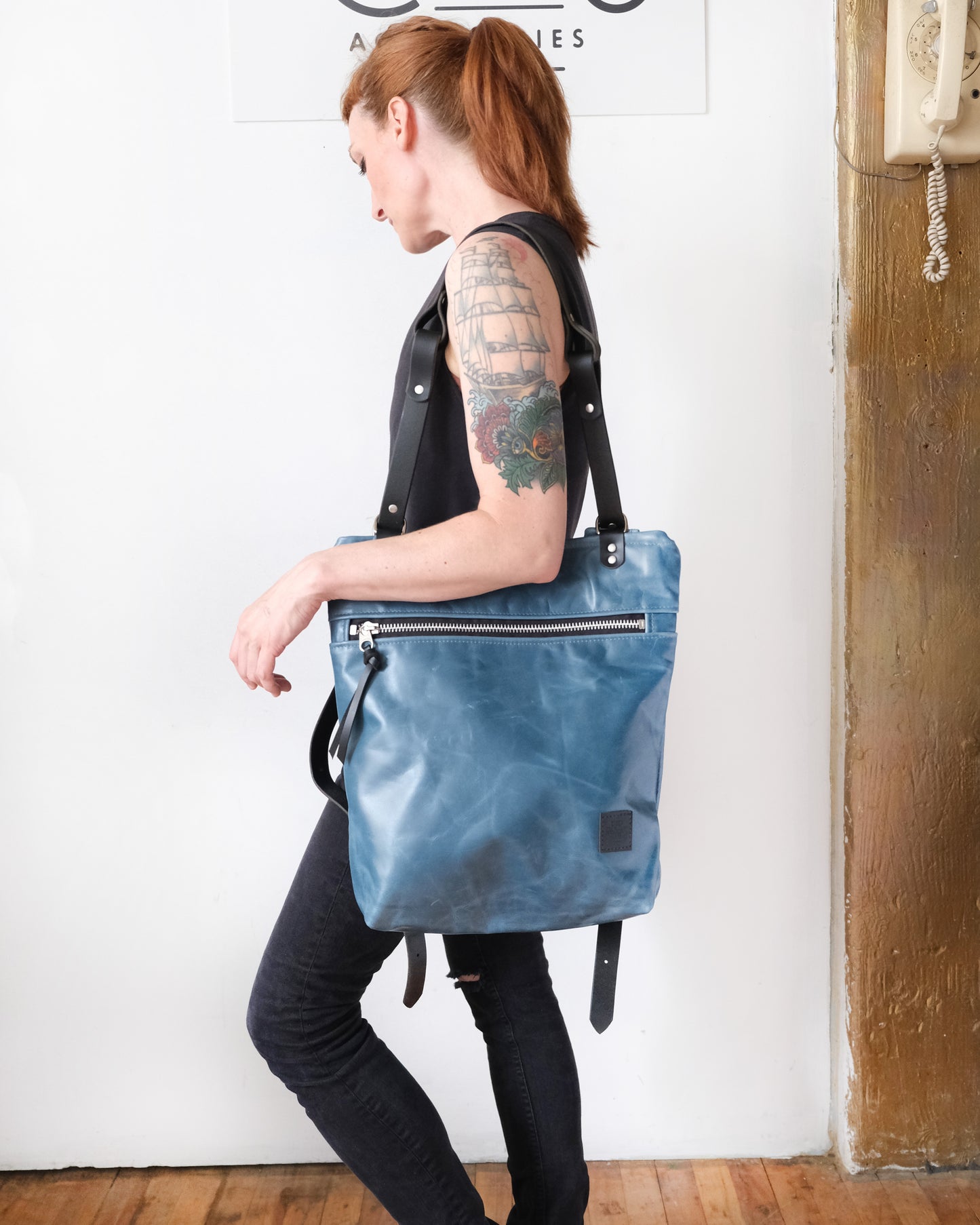 Zip-Top Convertible Backpack: Bright Blue Leather (Chrome Hardware)