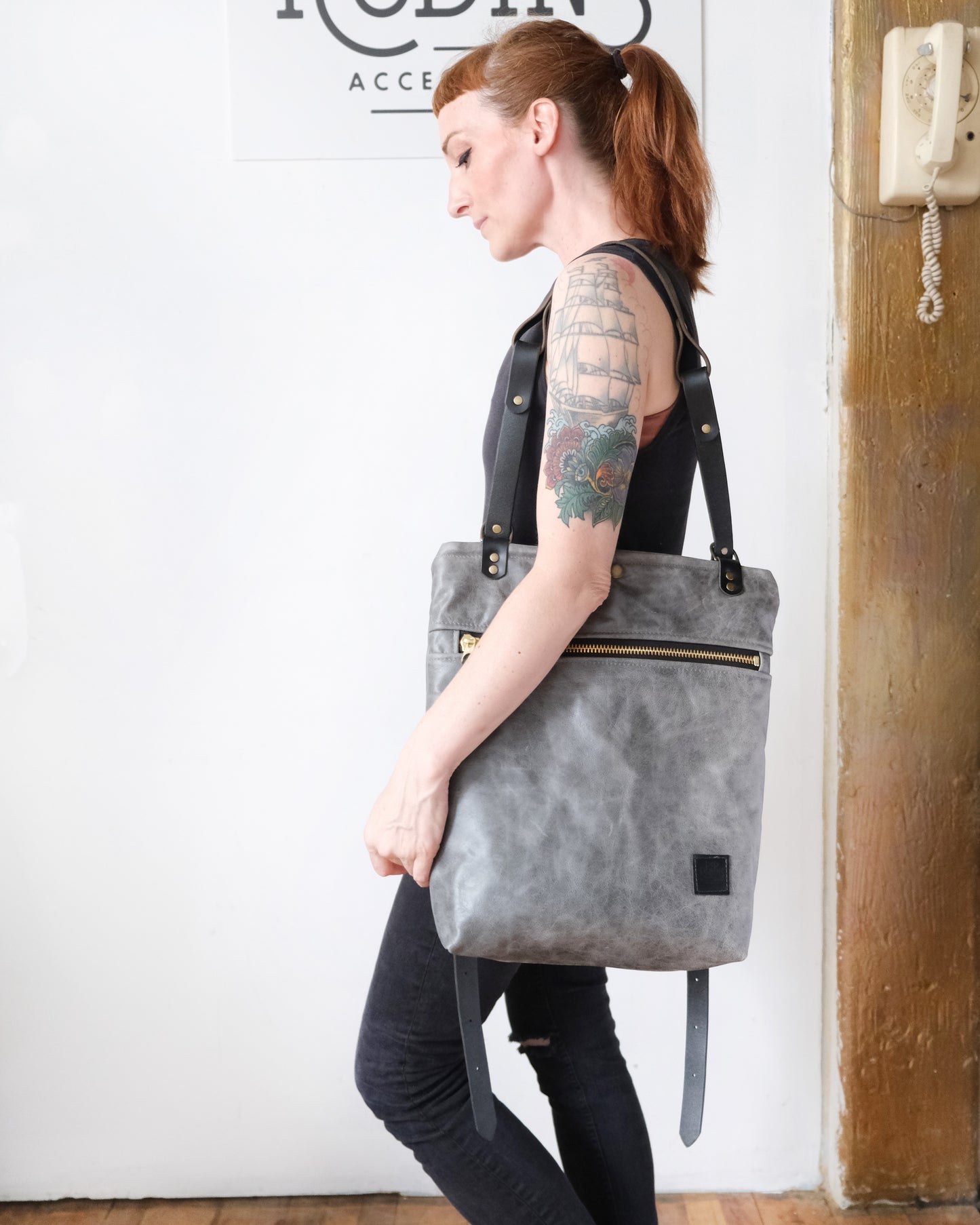 Zip-Top Convertible Backpack: Grey Leather