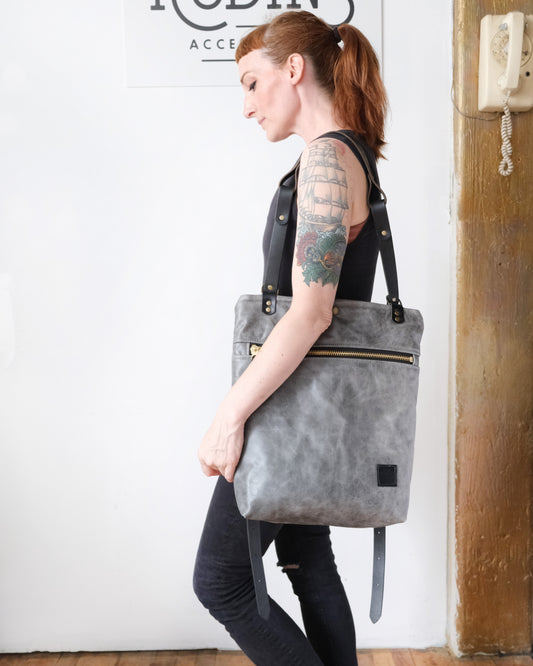 Zip-Top Convertible Backpack: Grey Leather