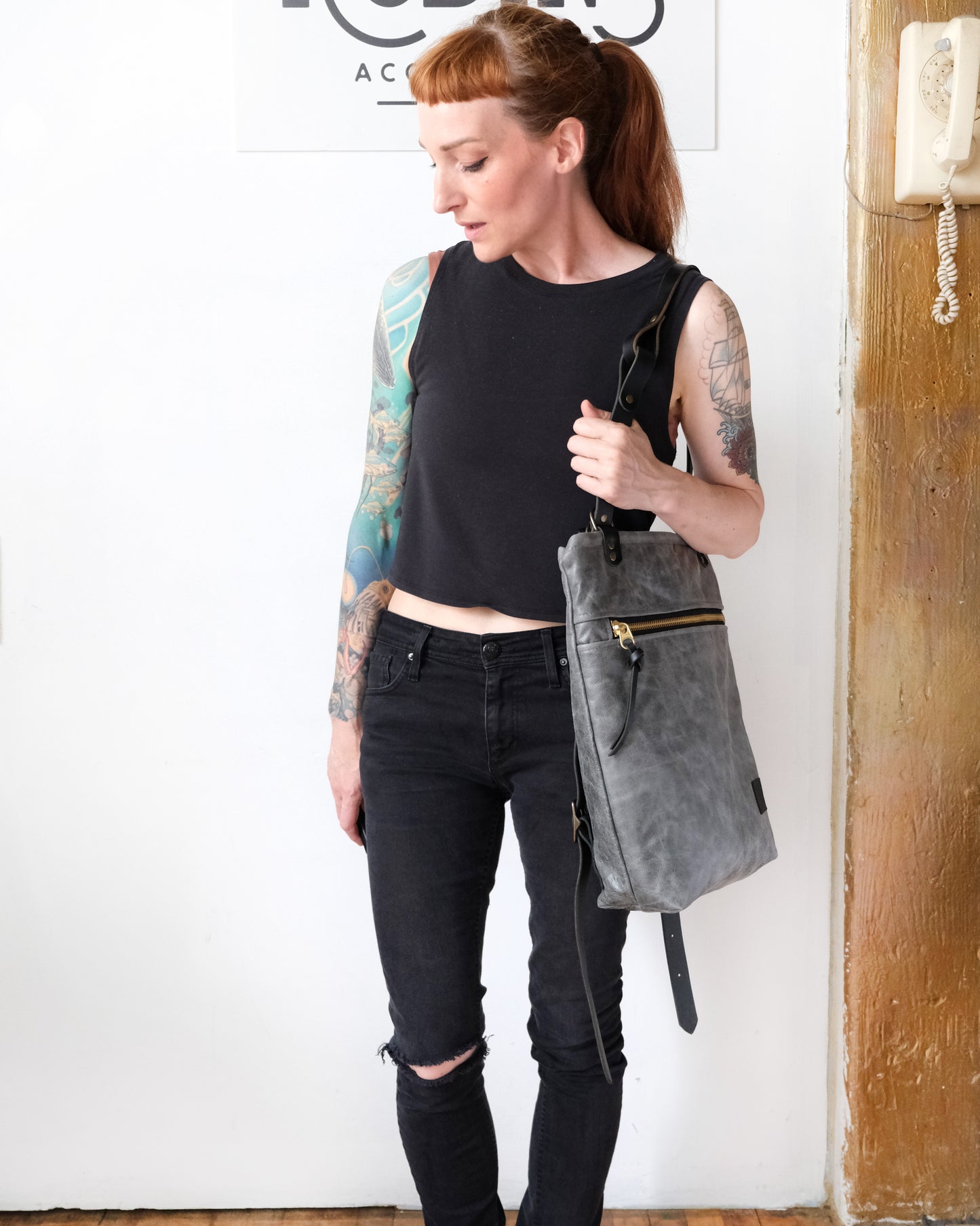 Zip-Top Convertible Backpack: Grey Leather