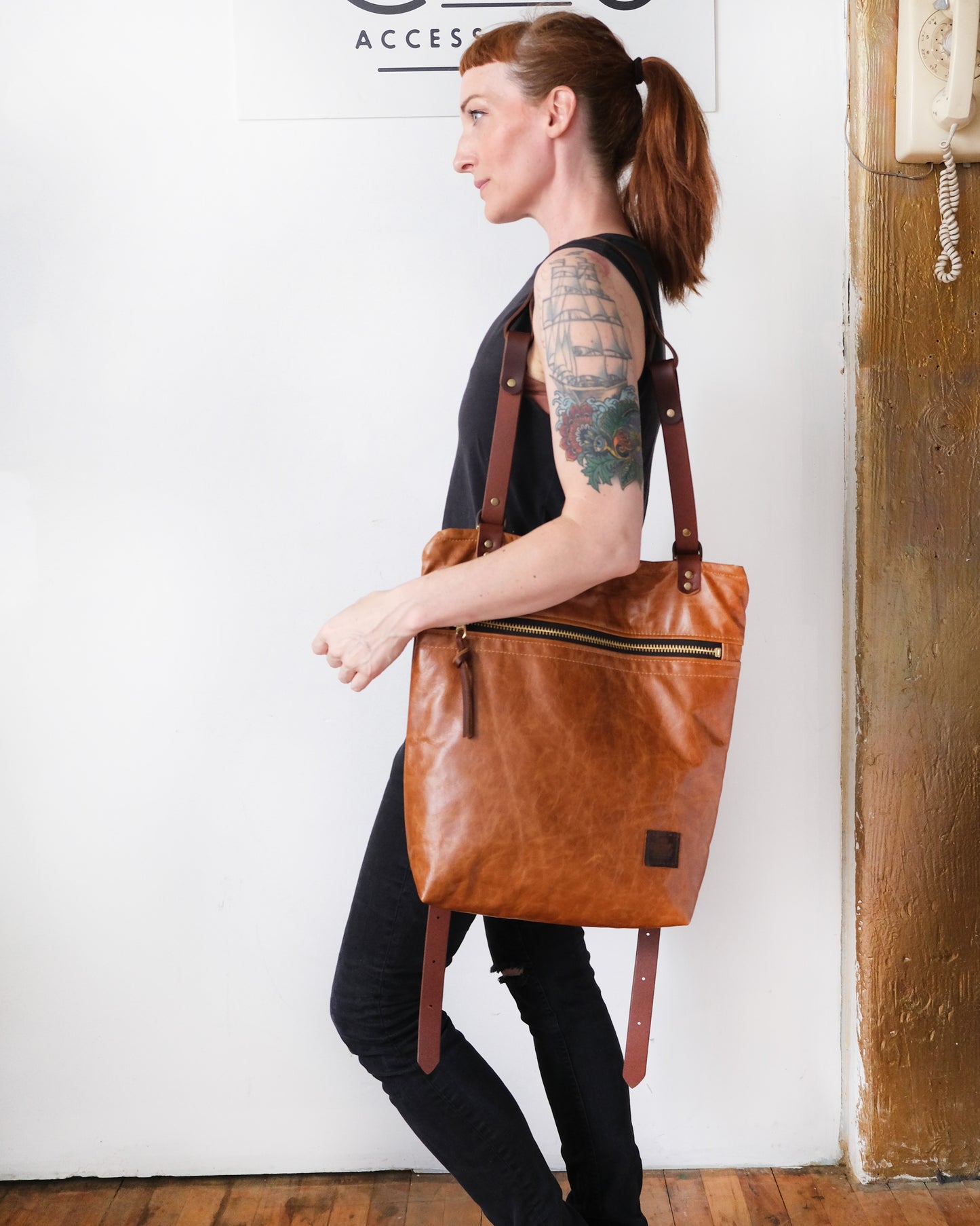 Zip-Top Convertible Backpack: Cognac Leather