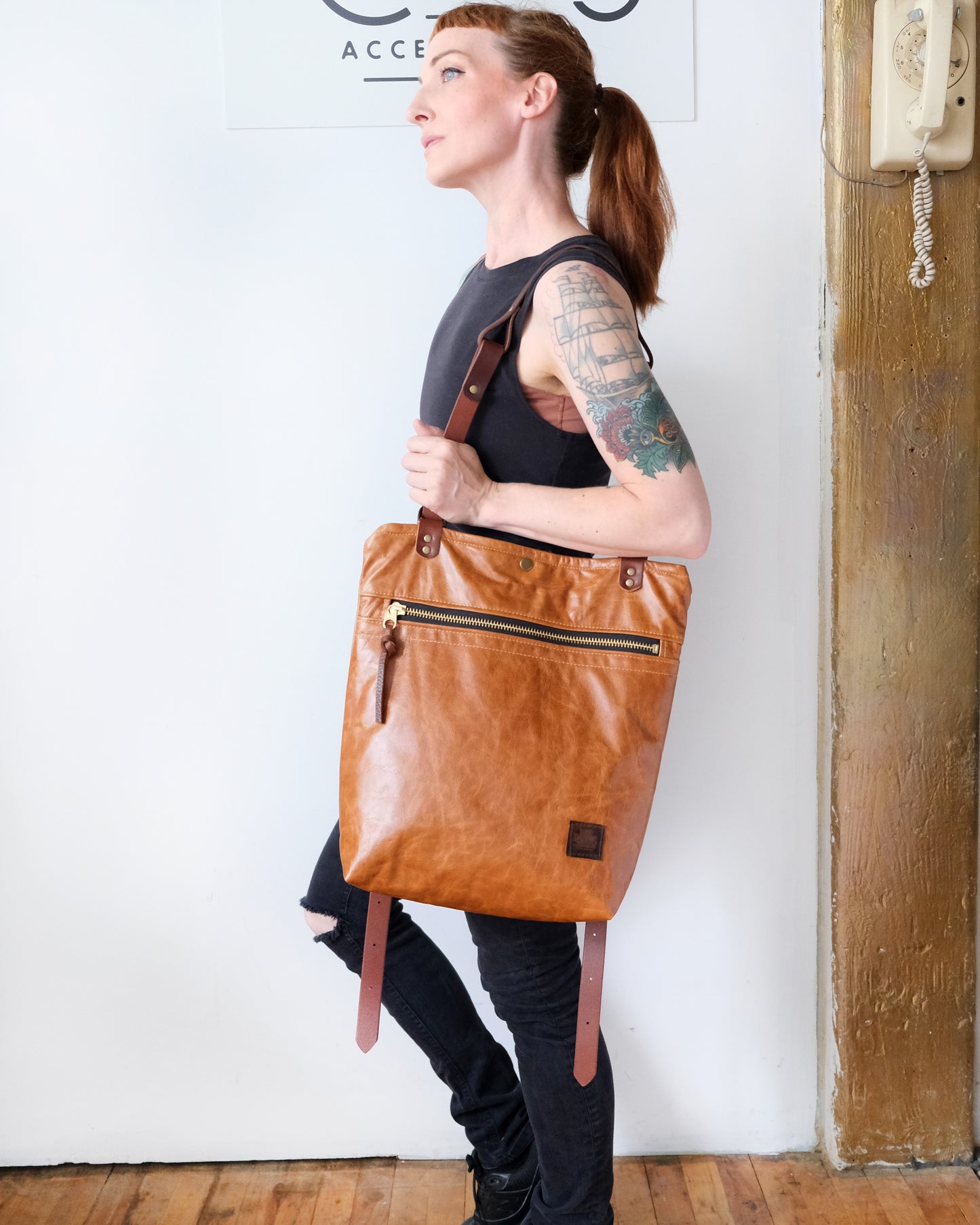 Zip-Top Convertible Backpack: Cognac Leather