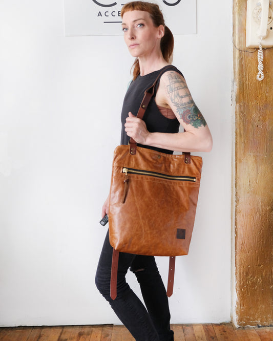 Zip-Top Convertible Backpack: Cognac Leather