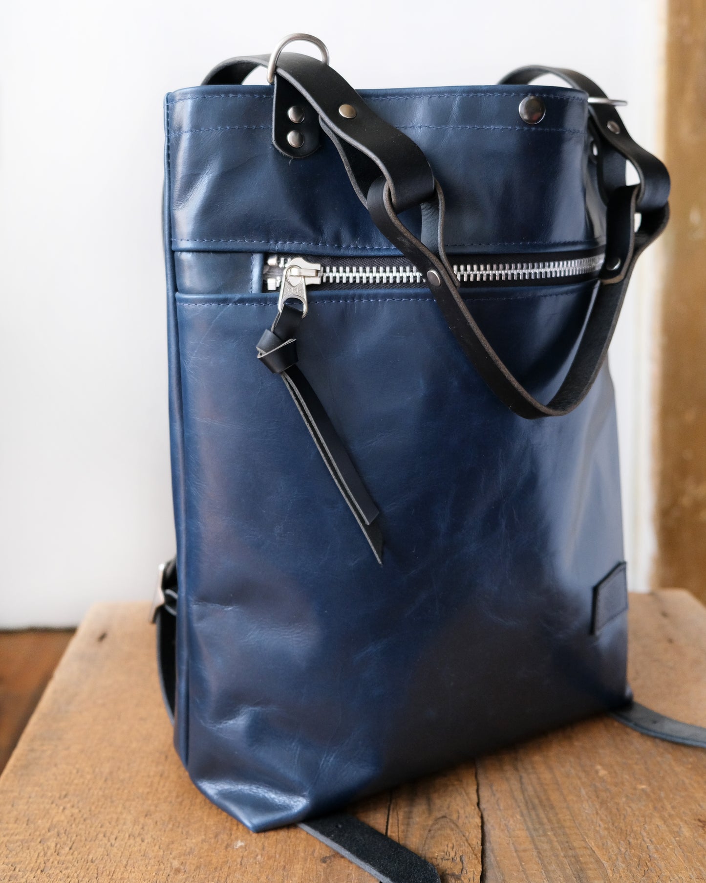 Convertible Backpack: Navy Leather (Chrome Hardware)