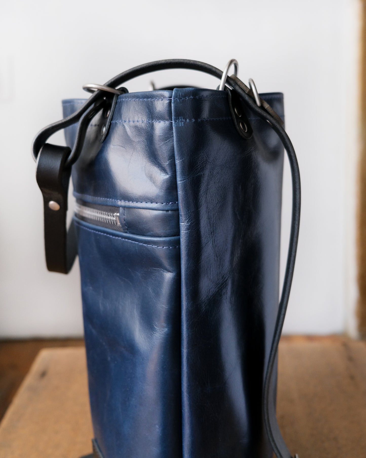 Convertible Backpack: Navy Leather (Chrome Hardware)