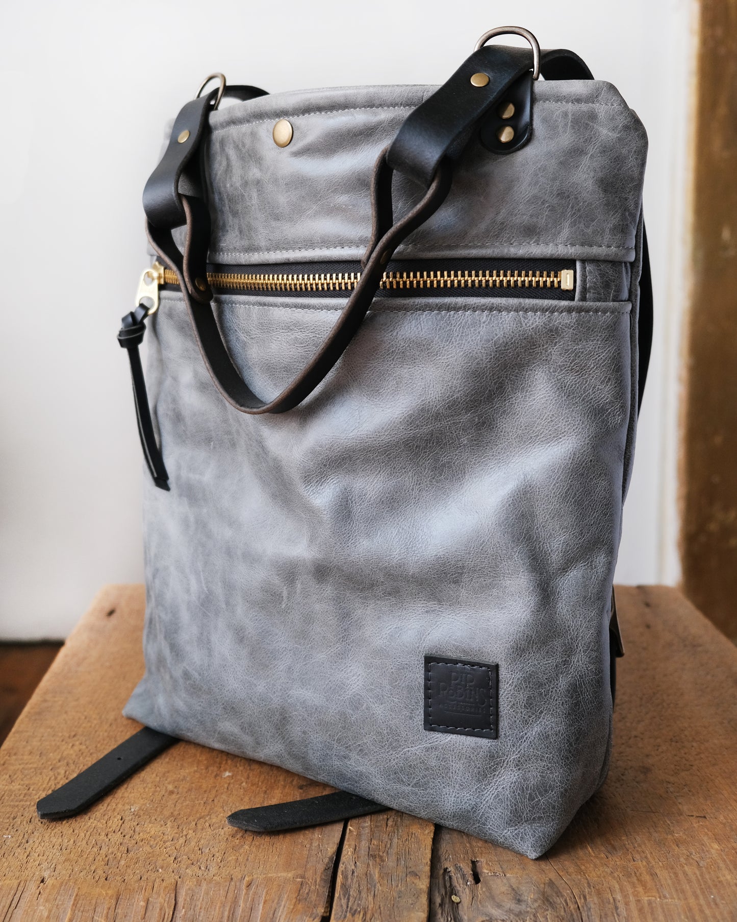 Zip-Top Convertible Backpack: Grey Leather