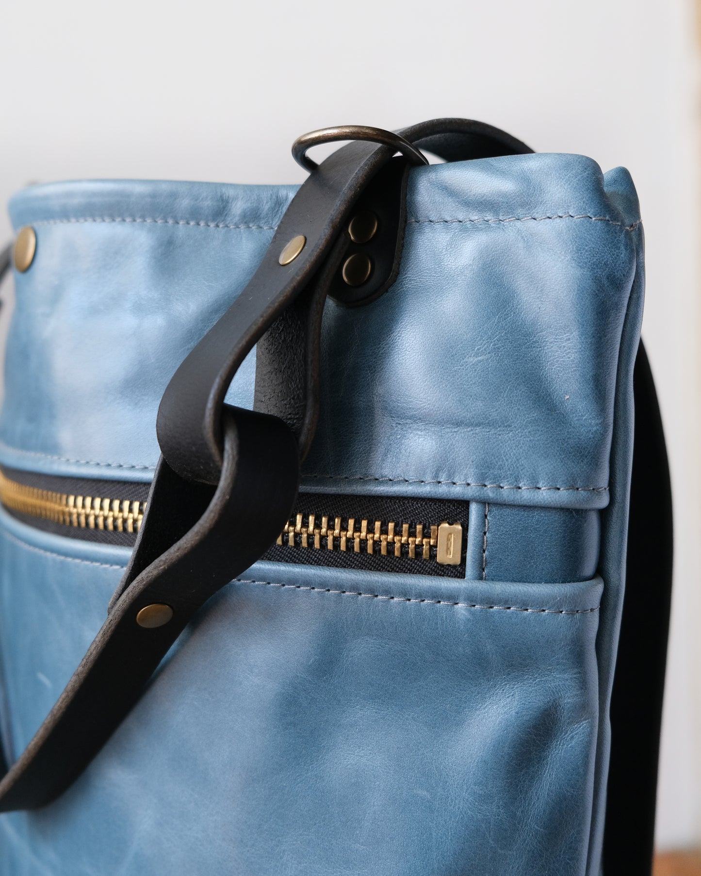 Zip-Top Convertible Backpack: Bright Blue Leather (Brass Hardware)