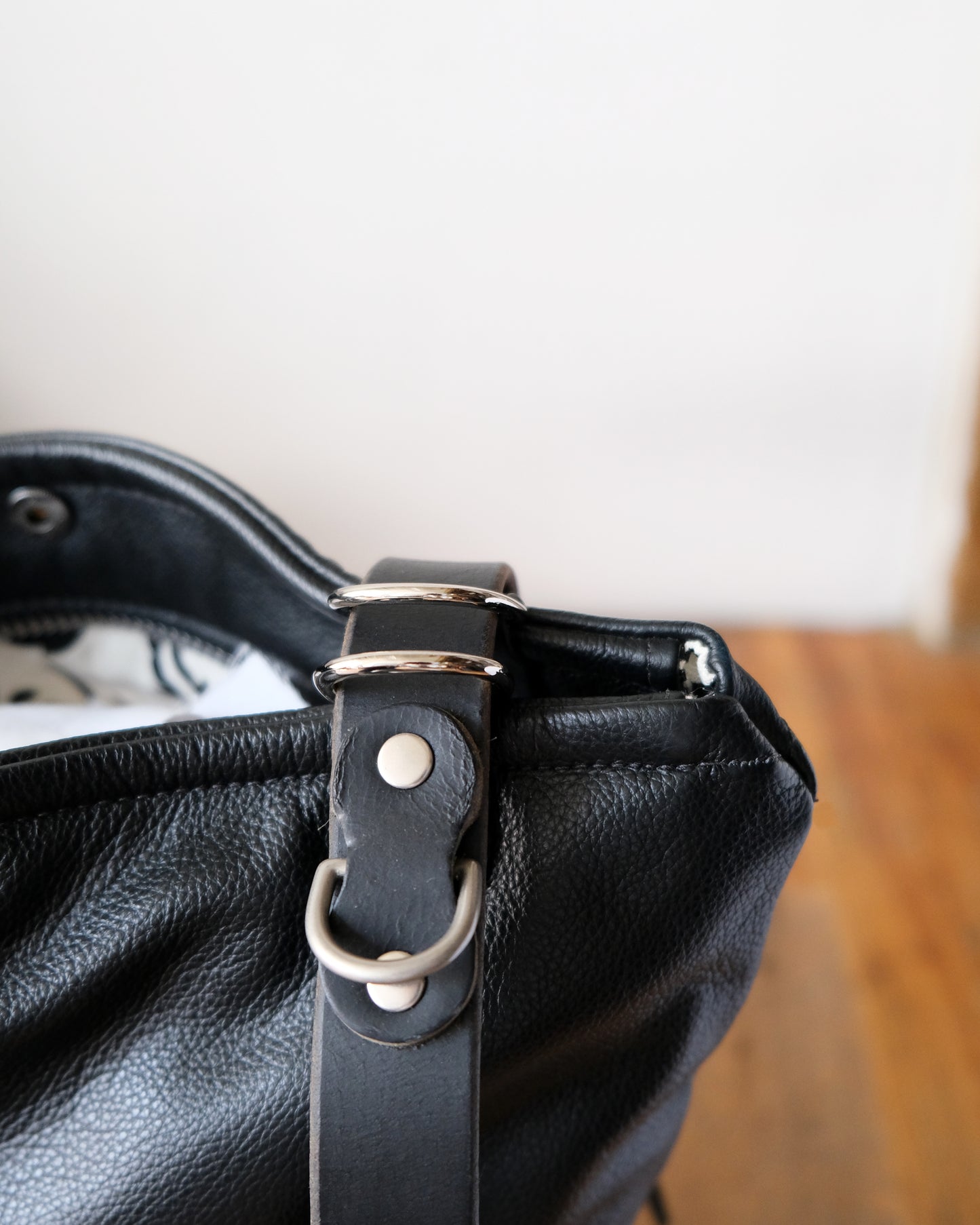 Zip-Top Convertible Backpack: Black Leather (Chrome Hardware)