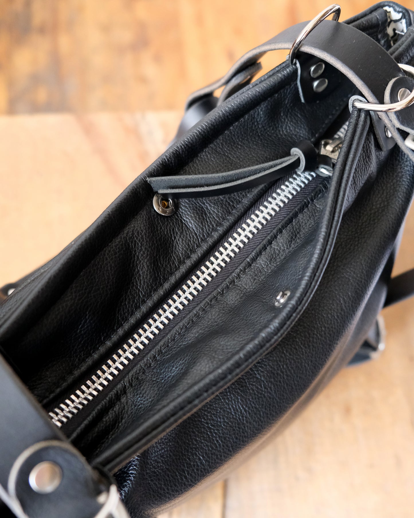 Zip-Top Convertible Backpack: Black Leather (Chrome Hardware)