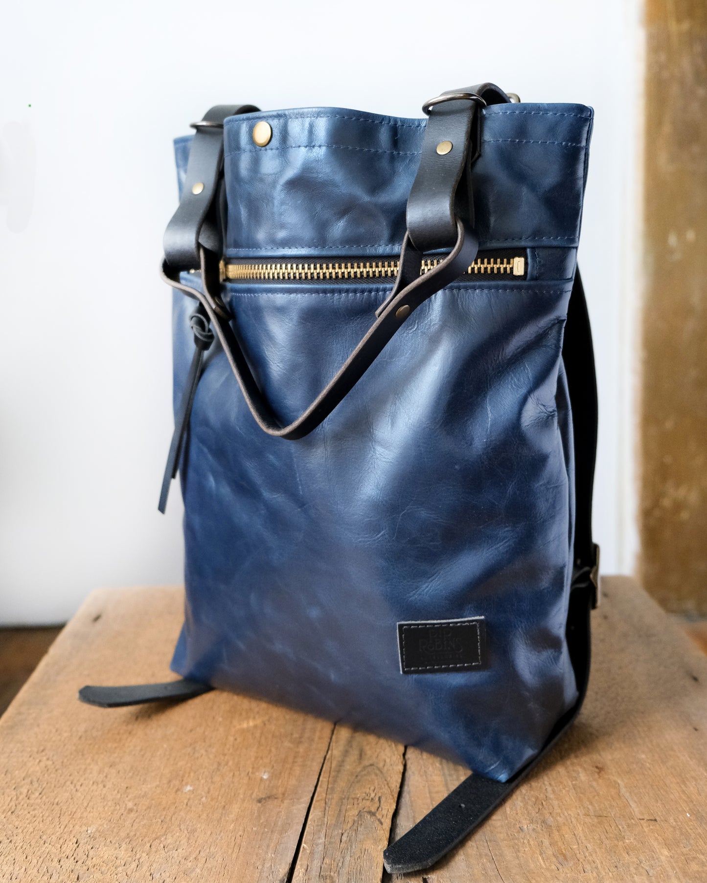 Convertible Backpack: Navy Leather (Brass Hardware)