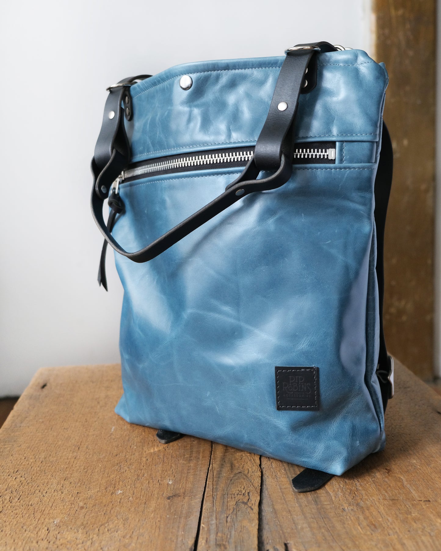 Zip-Top Convertible Backpack: Bright Blue Leather (Chrome Hardware)