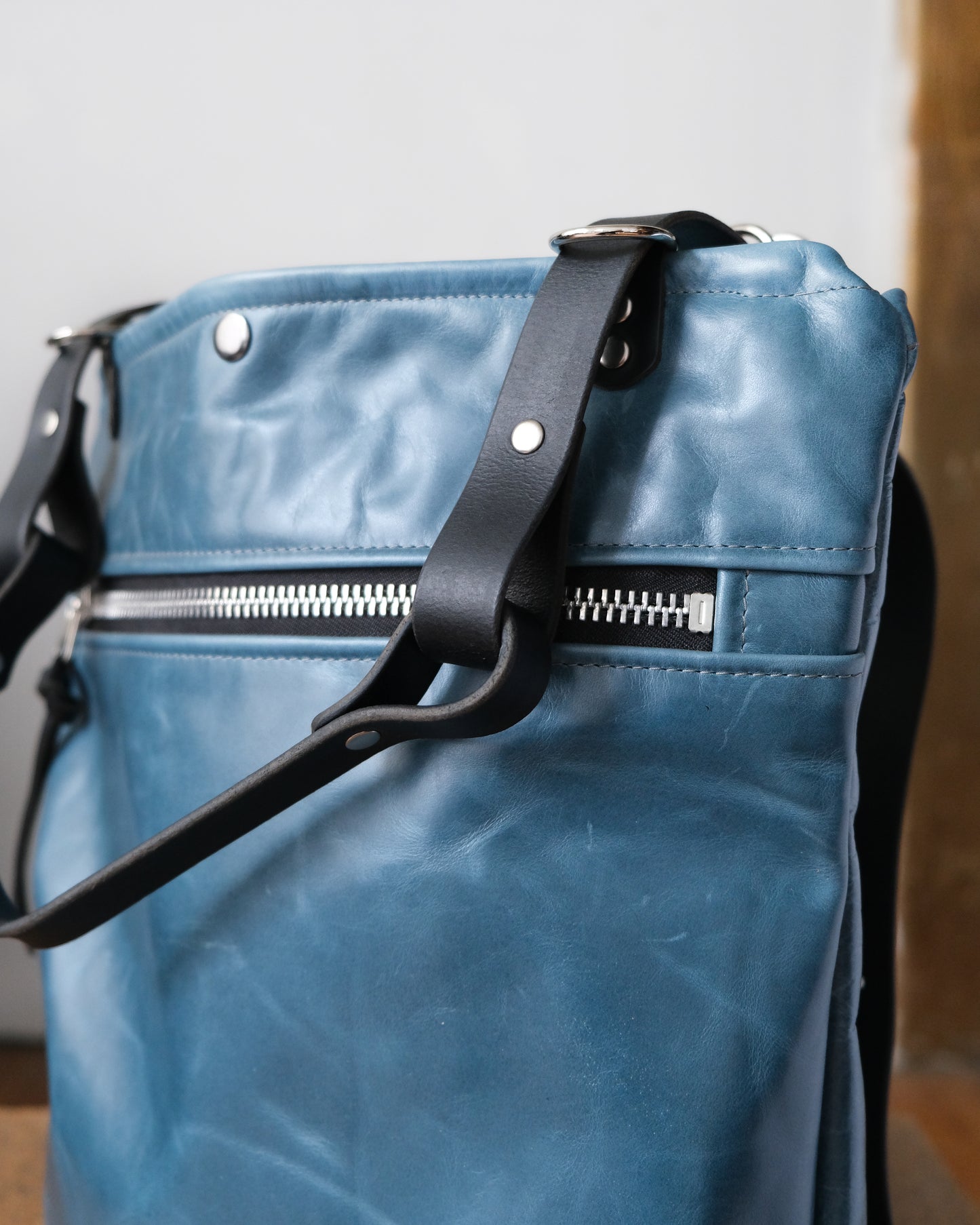 Zip-Top Convertible Backpack: Bright Blue Leather (Chrome Hardware)