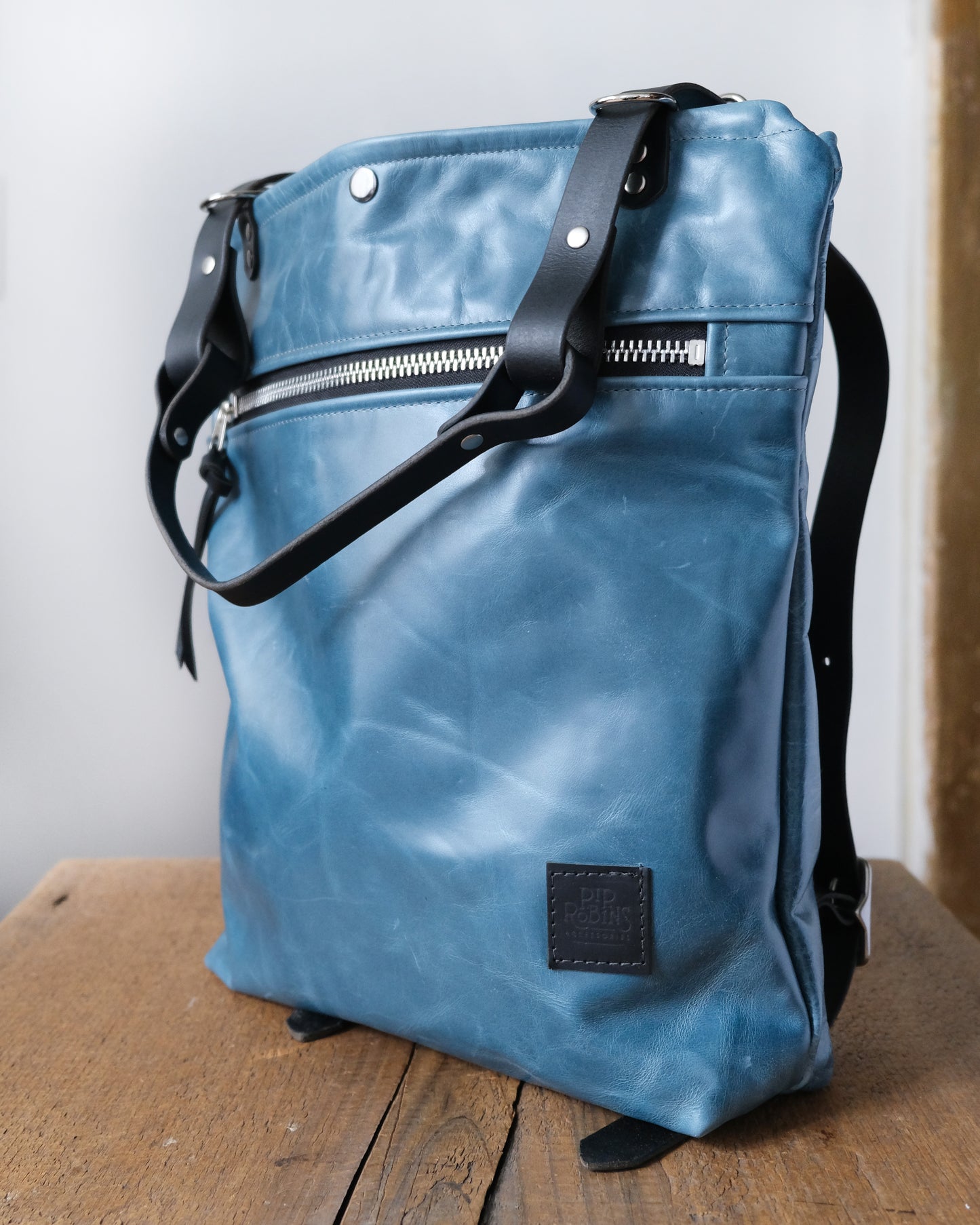 Zip-Top Convertible Backpack: Bright Blue Leather (Chrome Hardware)