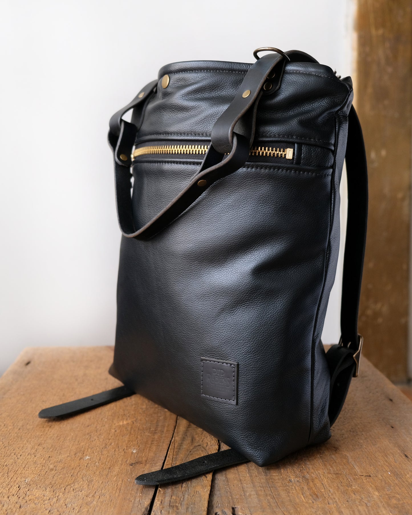 Zip-Top Convertible Backpack: Black Leather (Brass Hardware)