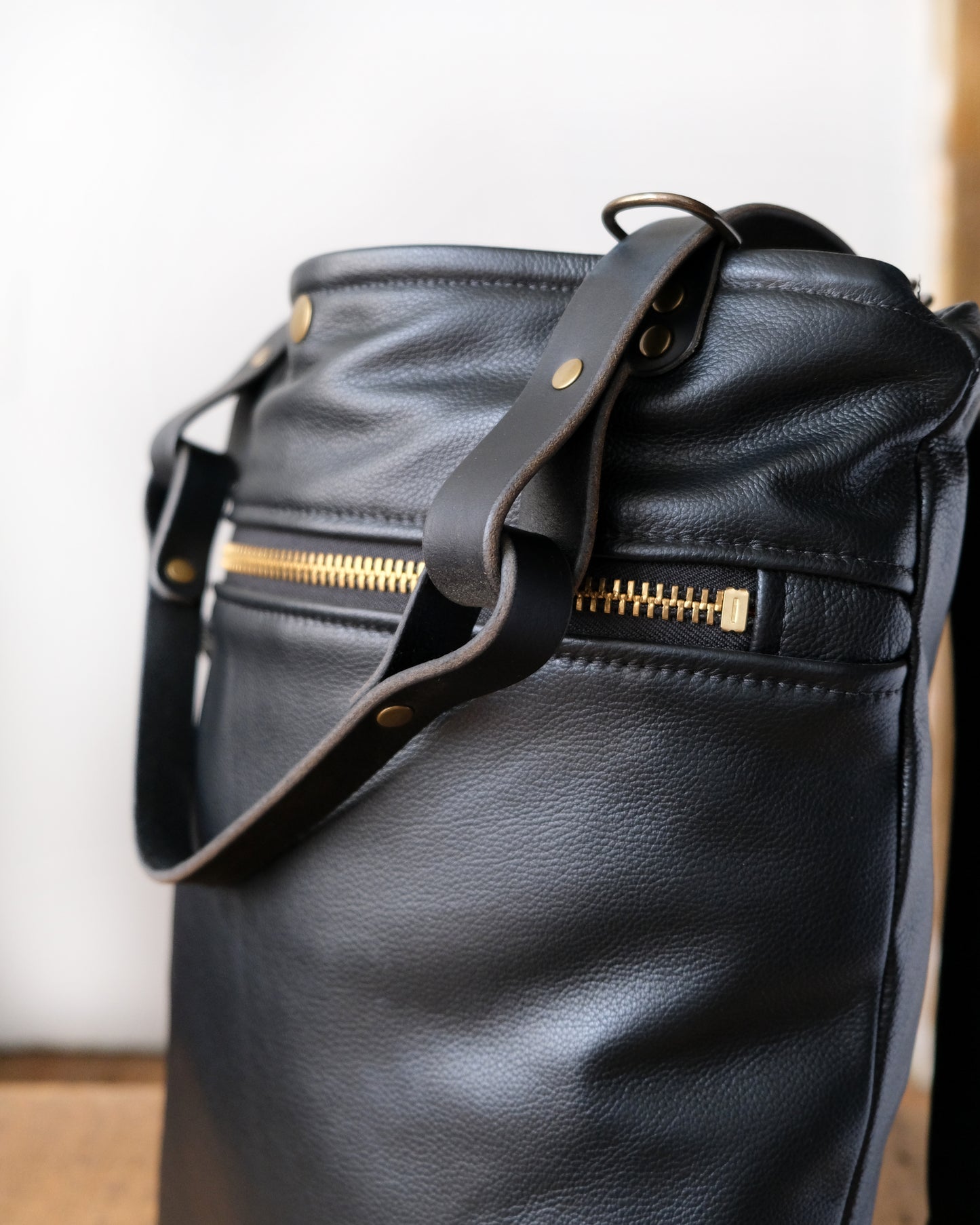 Zip-Top Convertible Backpack: Black Leather (Brass Hardware)