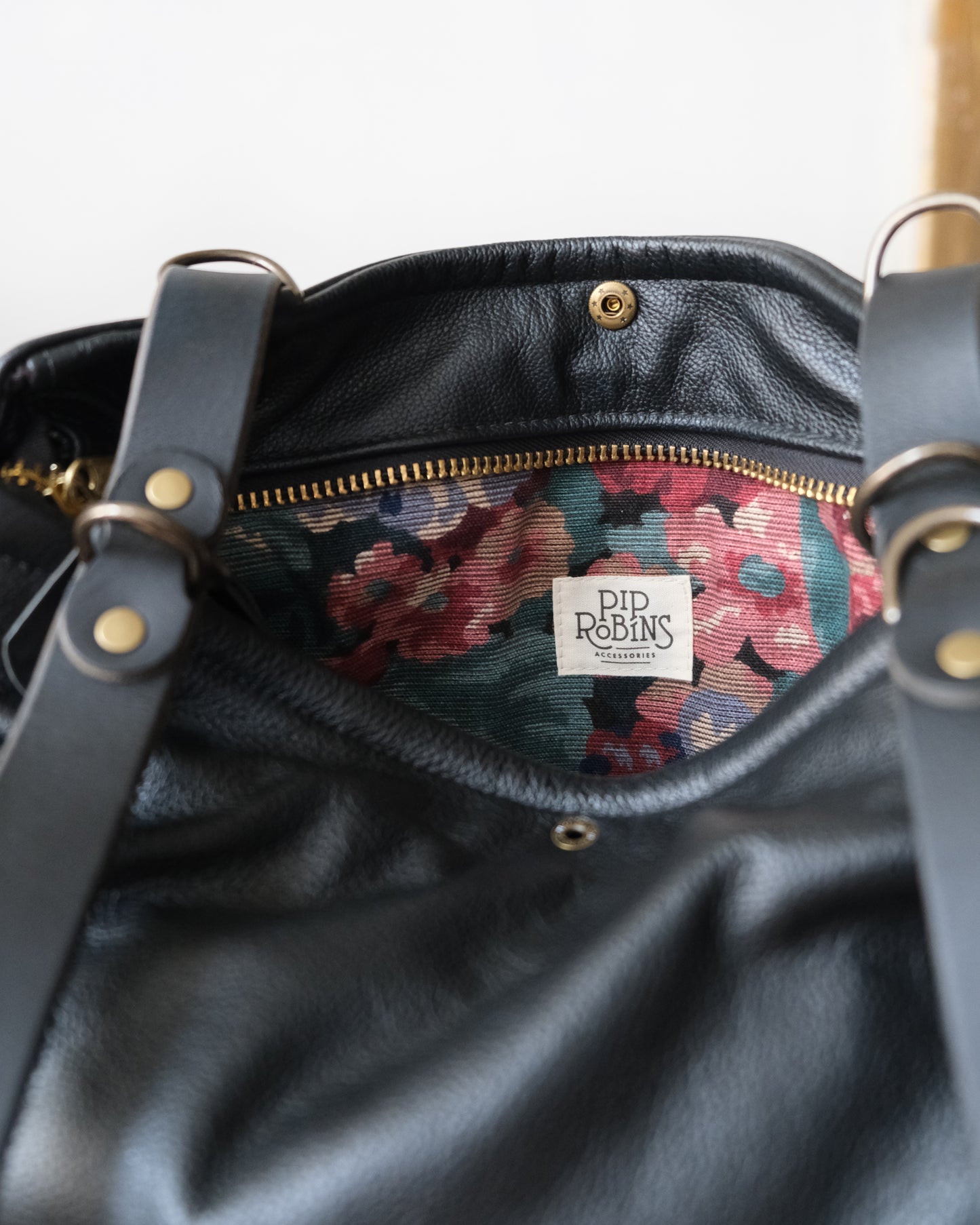 Zip-Top Convertible Backpack: Black Leather (Brass Hardware)