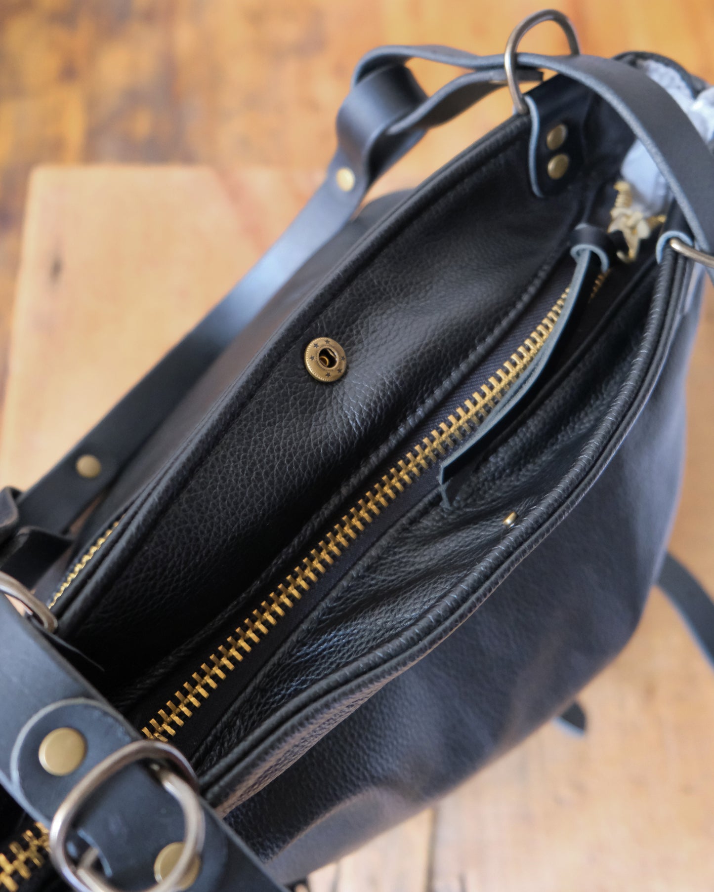 Zip-Top Convertible Backpack: Black Leather (Brass Hardware)