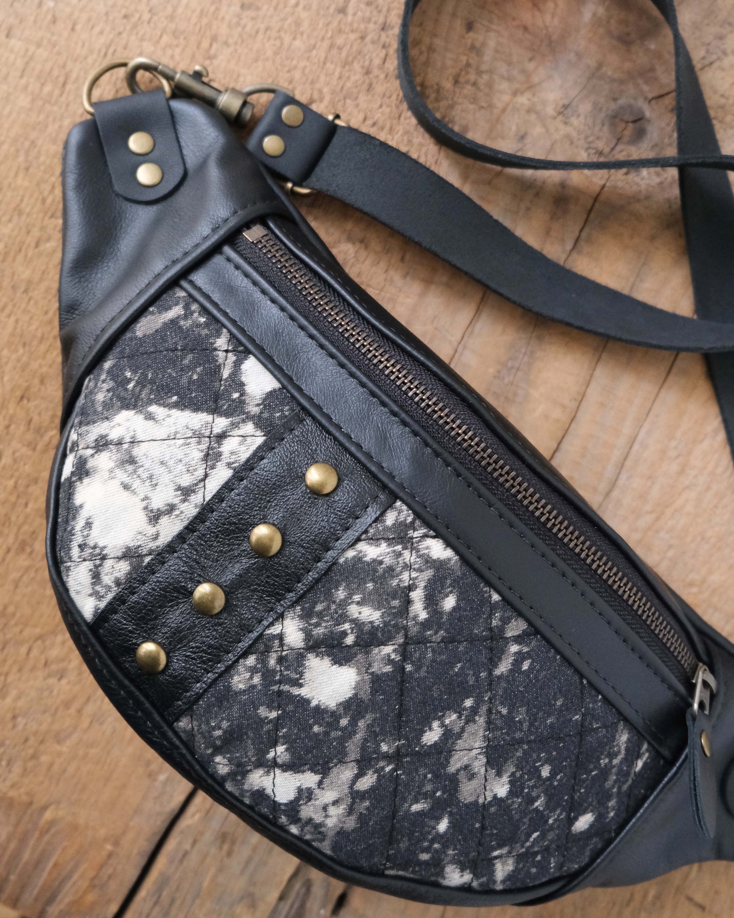 Mini Tabitha: Black Leather, Brass & Bleached Denim IV