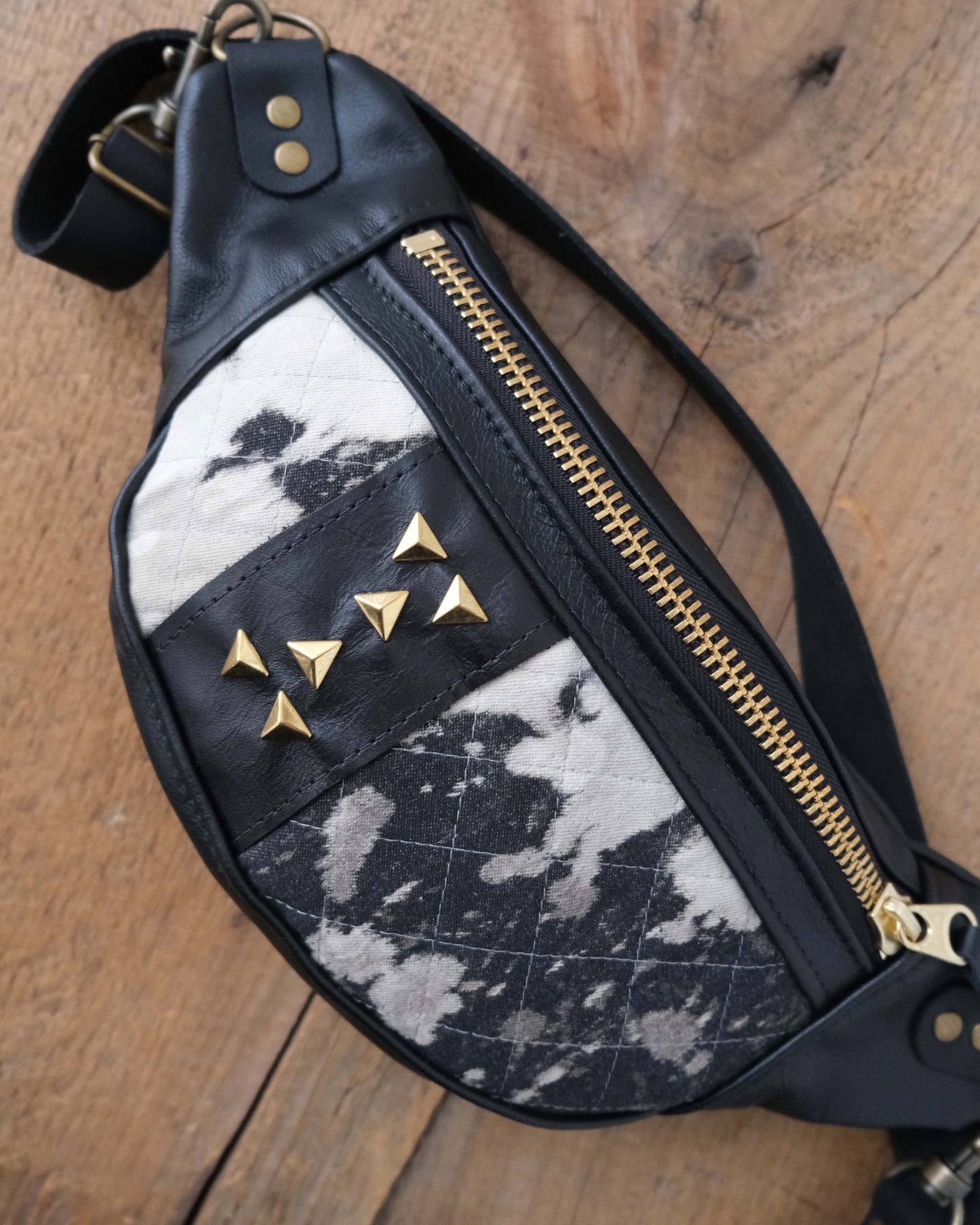 Mini Tabitha: Black Leather, Brass & Bleached Denim V